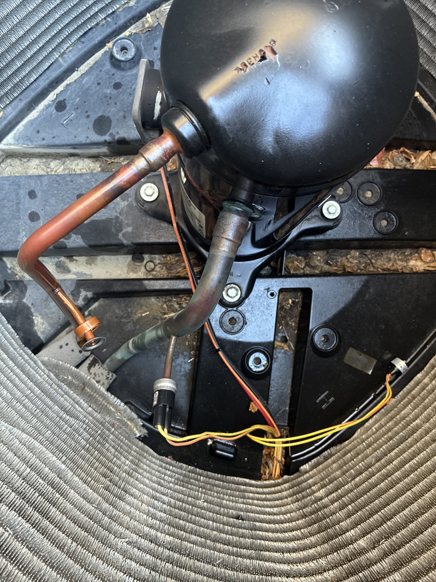 Upon arrival client stated system stopped cooling. Found copper pressure switch busted open and refrigerant leaked out. Went over function of pressure switch. Cut out switch and brassed copper closed. Pressurized system and pulled deep vacuum. Recharge system and checked temperature split.