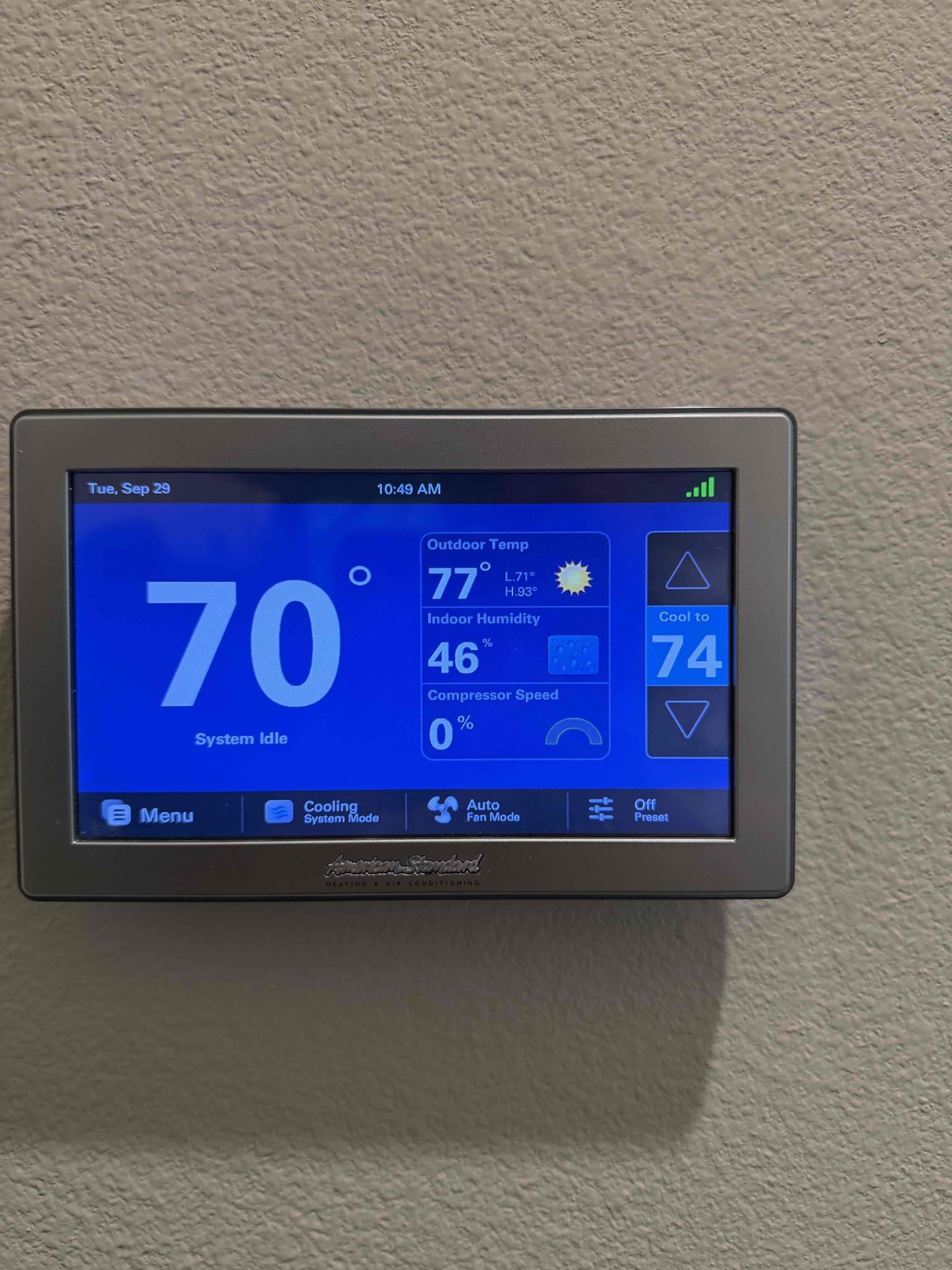 Performed a cooling maintenance on a 2018 American Standard Platinum  series condenser, condenser located on backside of home, filter located hallway ceiling, fau located in attic, changed filter, flushed condensation line, on condenser check for amperage and voltage, check for compressor, check for freon level, check if thermostat had no error codes or alerts, everything within range , clear out dust accumulated inside electrical component area and rinsed condenser coil. System is working within specification in cooling at the time of maintenance. See notes 