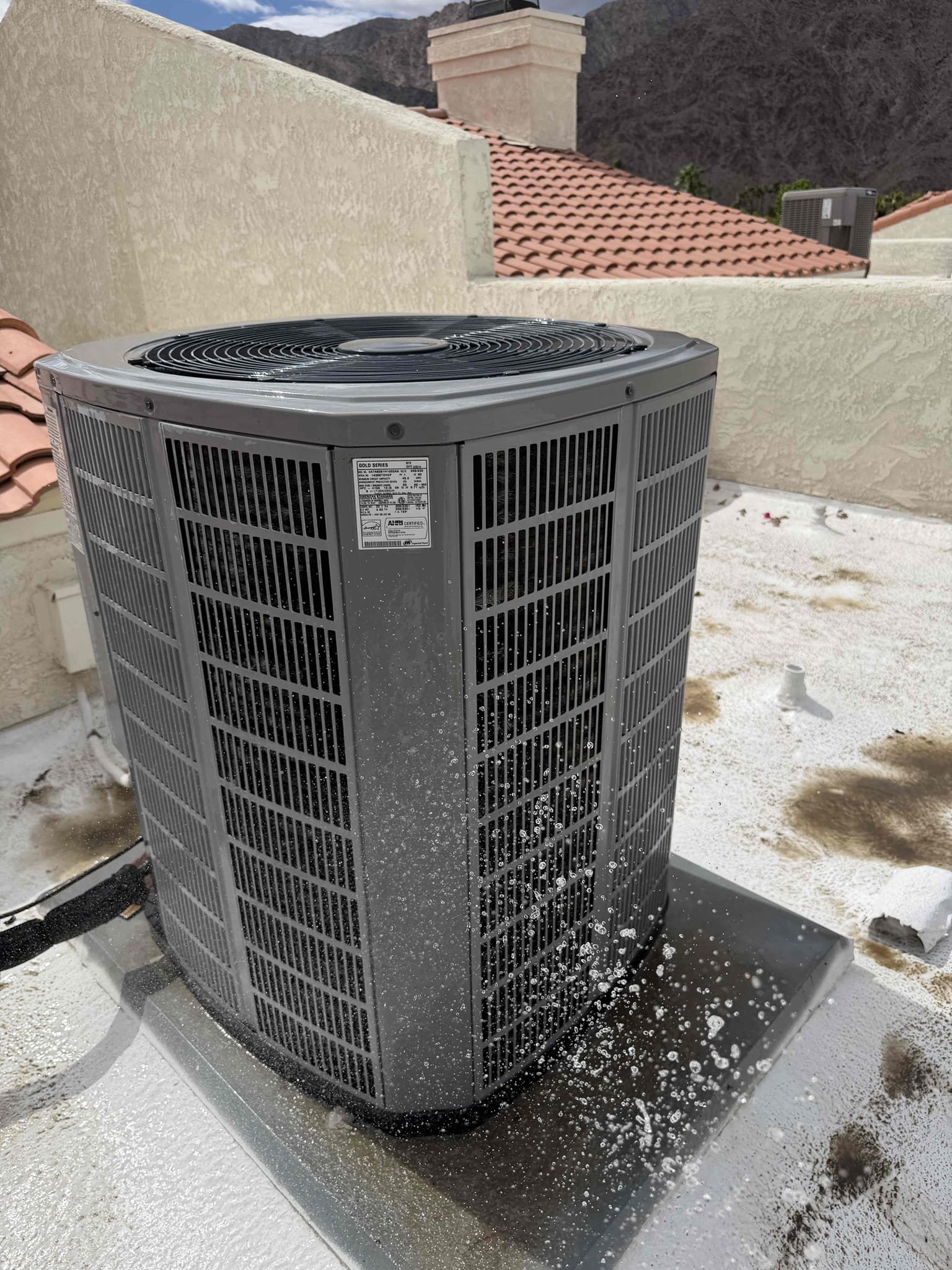 Performed a cooling maintenance on an American standard condenser and a R22 Package unit., condenser located on rooftop of home, filter located inside fau and im casita ceiling, fau located in hallway closet , changed filter, flushed condensation line, on condenser check for amperage and voltage, check for compressor, check for freon level, check for capacitors, everything within range also clear out dust accumulated inside electrical component area and rinsed condenser coil. System is working within specification in cooling at the time of maintenance.