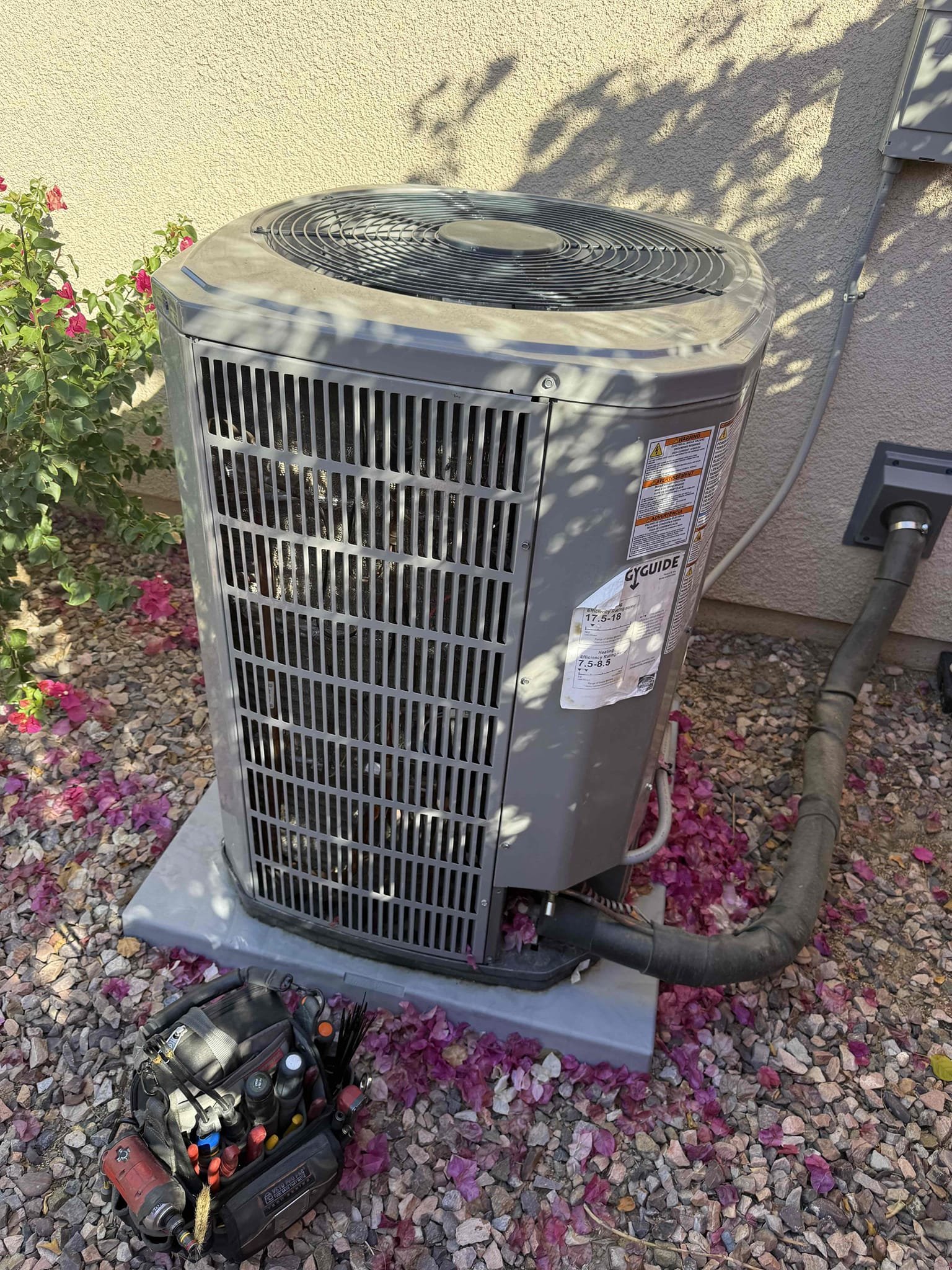 Performed indoor and outdoor safety maintenance check on a 2024 American Standard Platinum 3ton heat pump. Replaced 18x30 and 14x14 filters. Fau attic access is located in garage. Cleared condensation line from jones valve. Followed sequence of operations and checked voltage, amperage, temperature rise, refrigerant levels, found no error codes on CDA, and dusted off electrical compartment. Ductwork in okay condition. 1050 thermostat checked out operational. System is working properly at this time of service, client opted to wait to schedule cooling maintenance. 