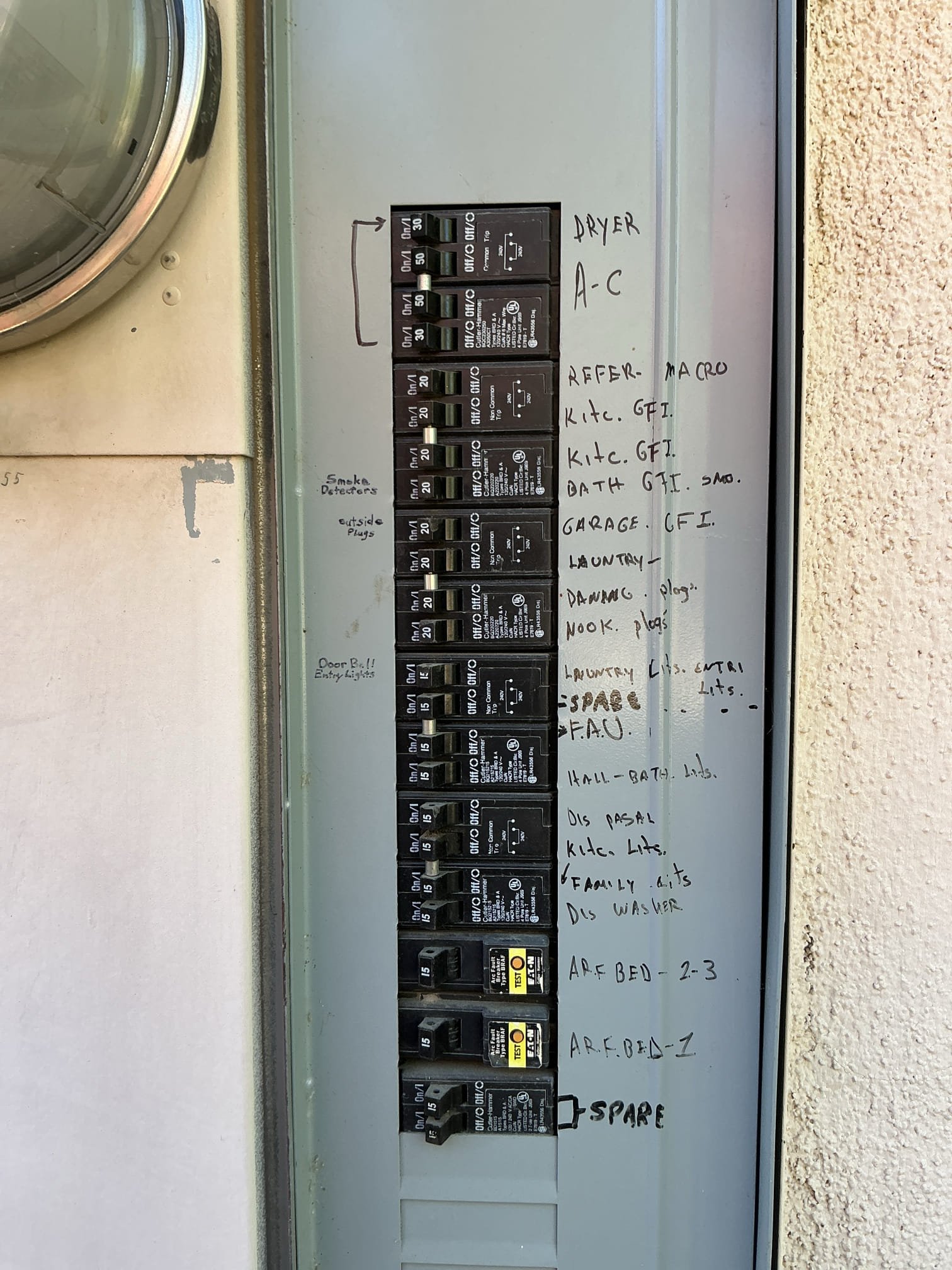 Arrived to perform a panel tune up and install a whole home surge protector. Cleaned interior of main panel and painted panel cover. Replaced each breaker individually. Installed surge protector underneath panel with a weather rated box. Labeled panel accordingly. Lastly we installed three bubble cover to exterior outlets, outlets were also replaced.