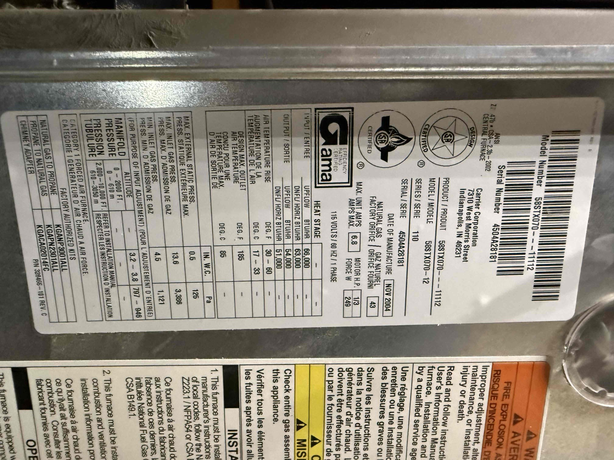 Performed indoor safety maintenance check on 2) 2005 Carrier gas furnaces. Replaced 2) 16x30 and 14x24 filters. FAUs are located in hallway attic access. Cleaned out burners furnace. Verified heating sequence of operation is working properly according to manufacturer specifications. Checked and detected zero carbon monoxide. Checked temperature rise. Checked blower capacitors. Cleared condensation lines. Found bedroom unit s#4021 capacitor below manufacturer specifications and humidifier tanks needs replacing. Sent estimate for repairs. Thermostats checked out operational. Both systems are working properly in heating at this time of service. 