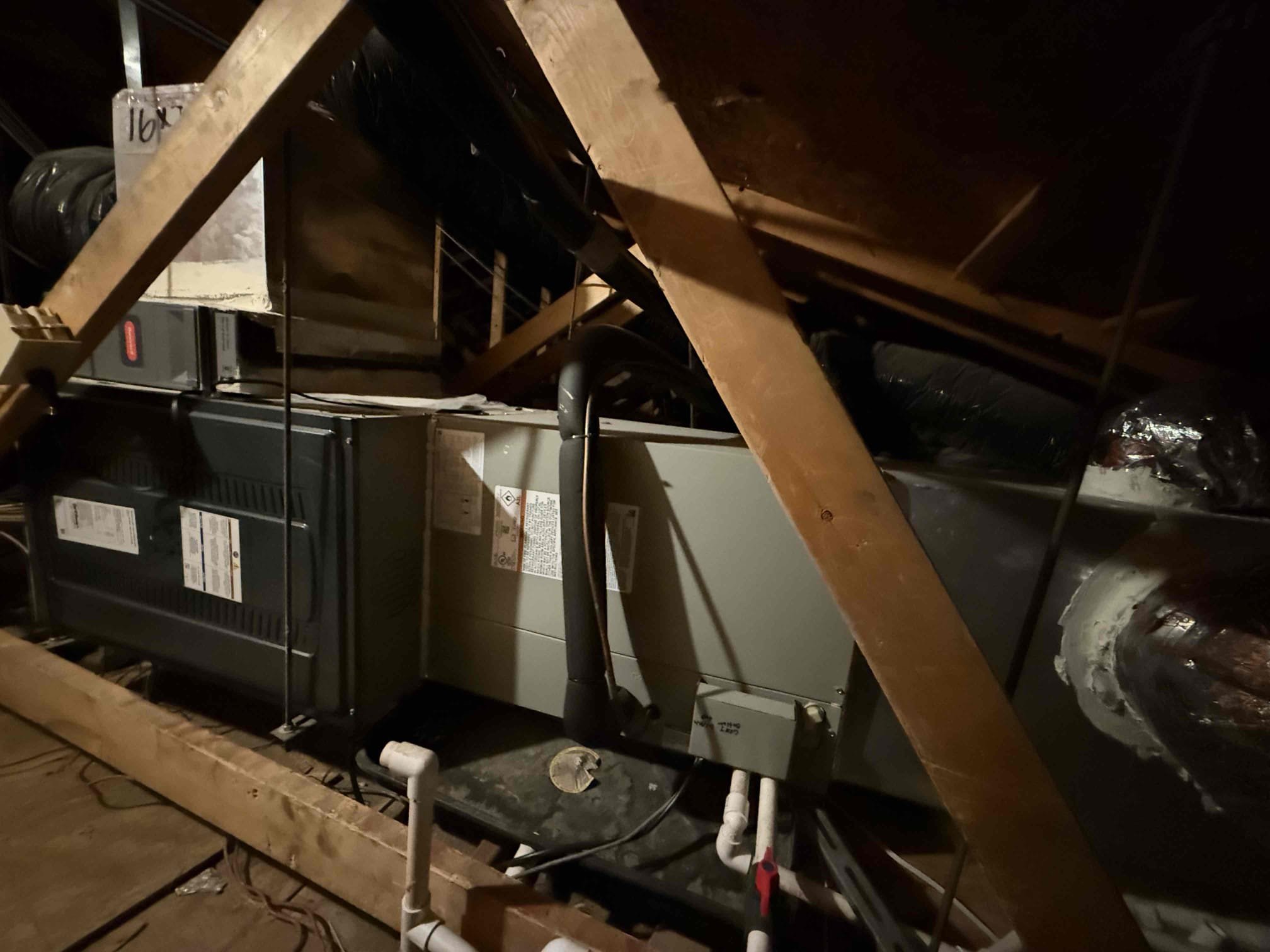 Performed heating/indoor unit maintenance on (2) 2025 American Standard Platinum split heat pumps. Replaced (2) 12x12, (2) 14x14, and 20x30 ceiling filters. American Standard thermostats working properly, checked responses, alerts, history, reminders. Cleared attic condensation drains, and garage mini split drain. Cleaned off mechanical platform. Cycled in heat mode. Getting proper heat rise (30°). Checked blower motor amps. Ducting strapped and in good shape. Systems are heating properly at time of maintenance. Attic access in back office closet. Informed about 2- year labor warranty expiring 6/5/27 and will attach quotes and FAQs for the extended labor warranty.