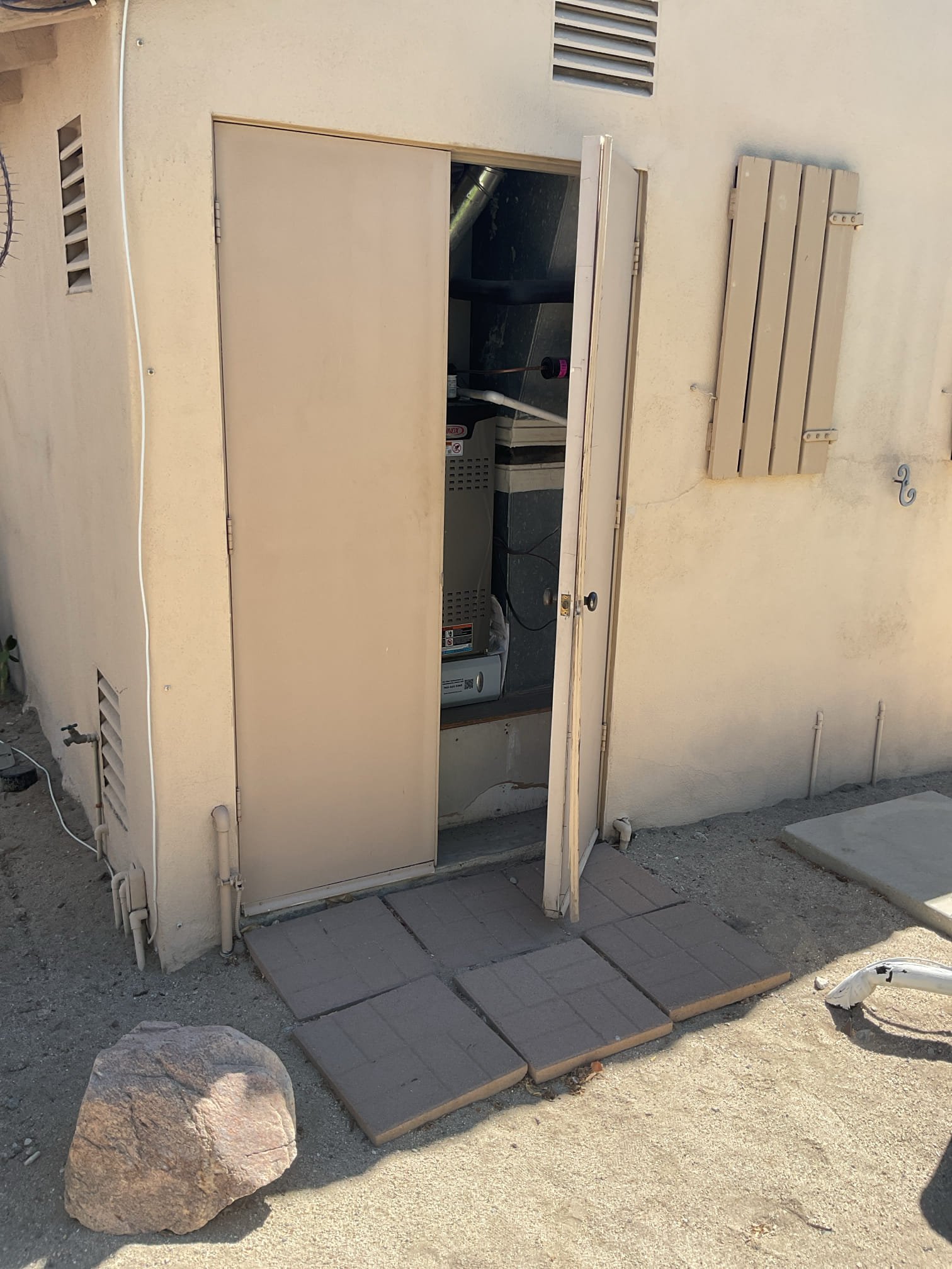 Palm Springs, CA - Indoor unit safety inspection and maintenance for two systems. Cleared condensate drain and replaced filters. Checked static pressure, blower motor amp draw and temperature heat rise. Checked refrigerant circuit diagnostic for heat pump system. Both systems are functioning according to manufacture specifications. Locked home and left keys with security guards.