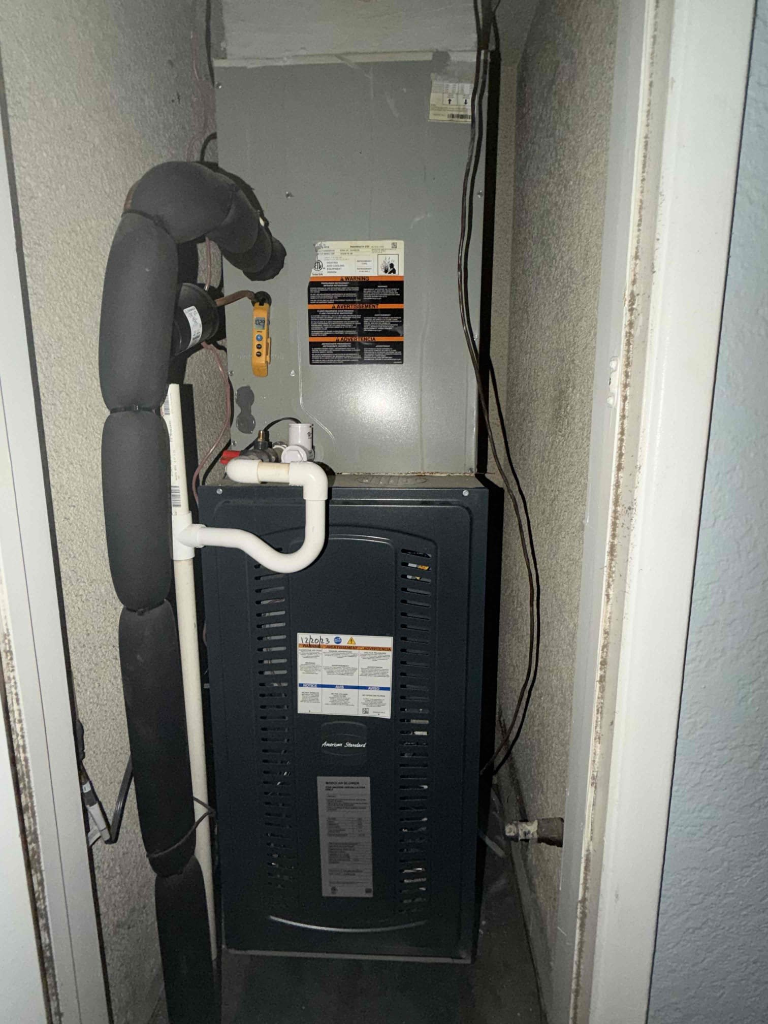 Preformed a heating maintenance on an American standard platinum furnace, Filters located inside filter rack, fau located in hallway closet, changed filter, flushed condensation line through jones valve, on fau followed sequence of operation, checked for amperage and voltage, checked for blower speed, check for any loose connections, check for temperature rise, check for any error codes or alerts everything within range also cleared dust accumulated inside electrical component. System is working within specification in heating at the time of maintenance.