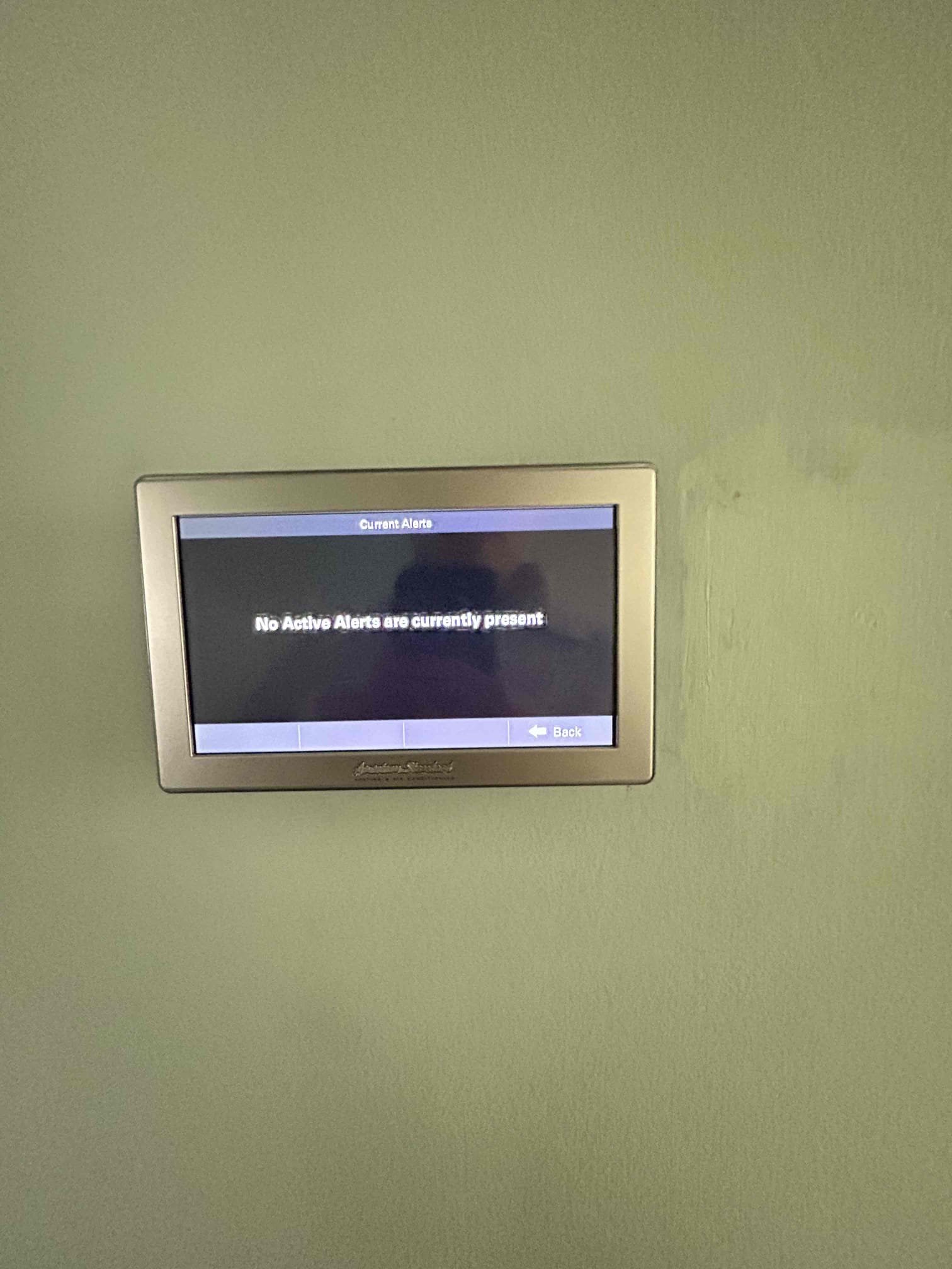 Performed annual maintenance on a 2022 American Standard 4-ton Platinum Series split system.
* Replaced/changed 12/24 filter.
*  no ladder is needed for access to the lower wall equipment.
* Checked the 1050 thermostat and verified proper temperature range, operation, and display. No active alerts were present.
* Checked system operation, including blower motor amperage, compressor operation, and overall system performance.
* Checked for alerts and cleared the alert history as applicable.
* Checked refrigerant line connections and verified the system is operating properly.
* Checked system settings and confirmed proper configuration.
* Verified the system is communicating properly over the Internet.
* Checked heating operation and verified the heat/electric heat elements are energizing properly on both sides.
* System was left operating normally at completion of service.
* Provided the client with a Starbucks gift card.