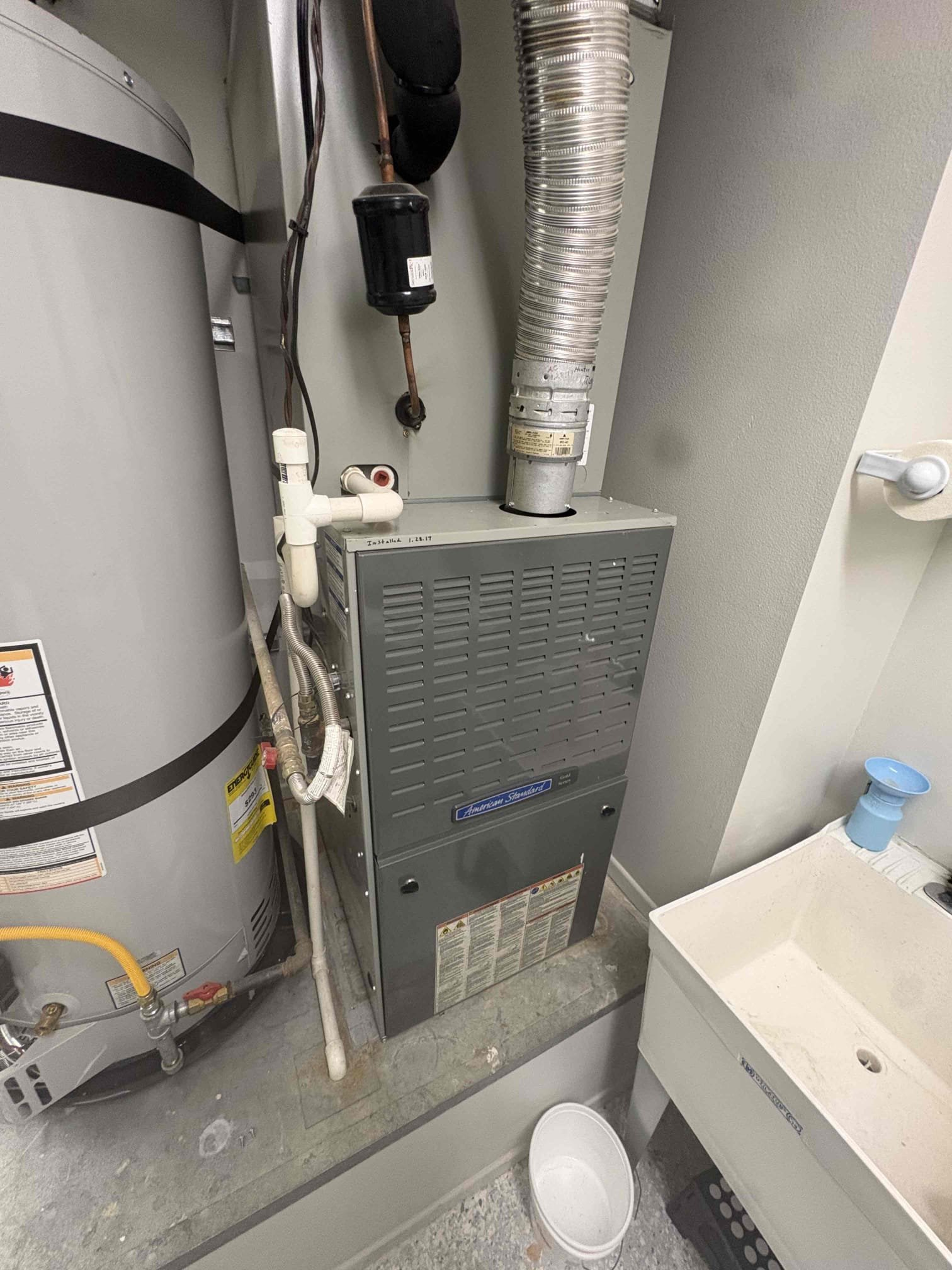 Today’s safety check maintenance consisted of one American standard UA located on the side of the house and furnace located in the garage. At first began with washing the filter. Thermostat is properly calling for heating with no alerts. I clearly condensation line thoroughly and insured that the exit point is properly draining. Checked Amps on unit. Flame is rectified and temperature rising to satisfy thermostat. Overall unit is heating and operating properly at this time of service. 
Client received October gift card  