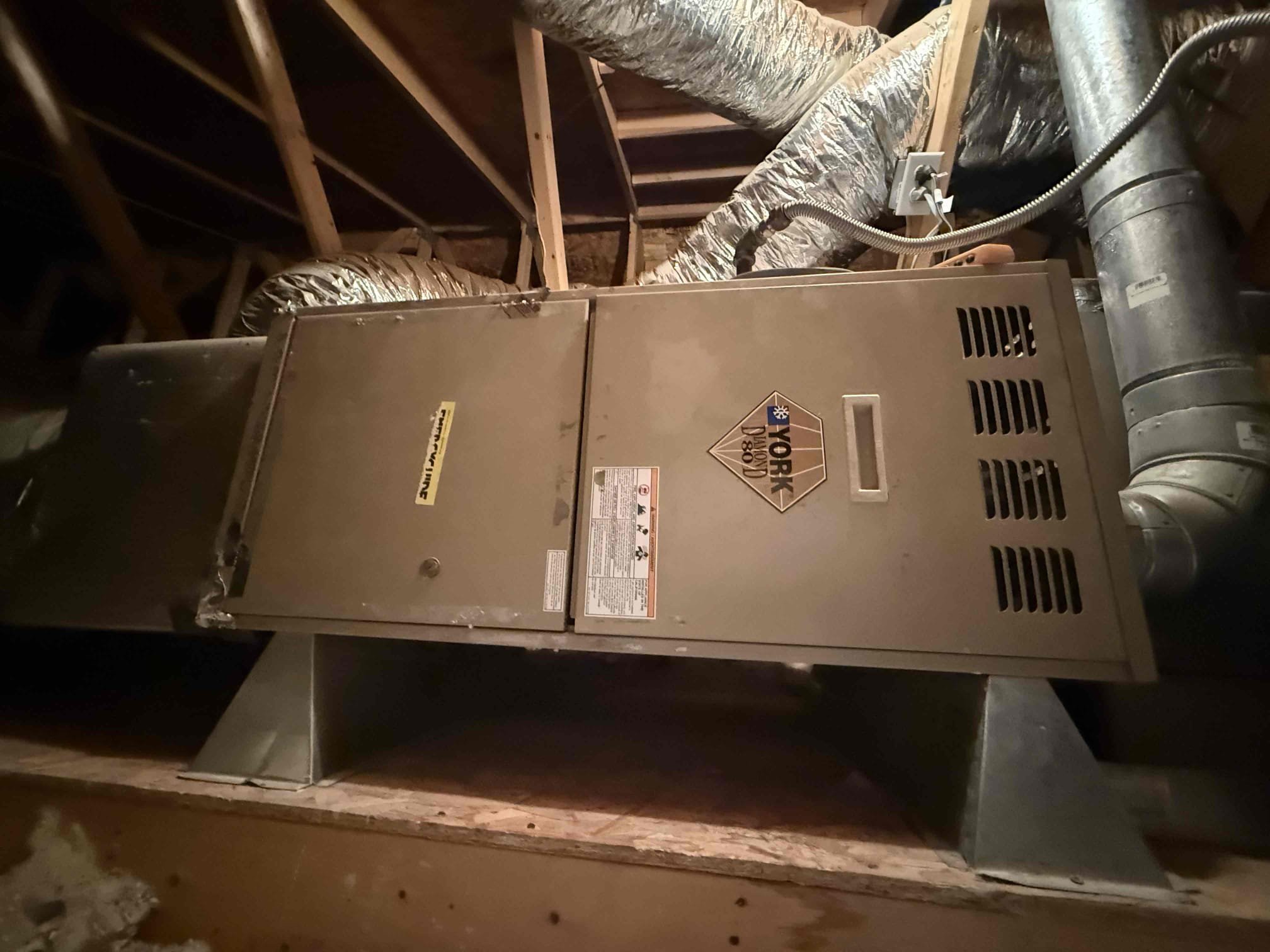 Performed ac maintenance on York Diamond 80 gas furnace in master closet attic access. Venstar thermostat working properly. Replaced 16x30 and 14x14 ceiling filters. Cleared off mechanical platform and cleaned out burner compartments. Heating sequence of operations was performed properly. Zero carbon monoxide detected. Ducting strapped up and intact. Blower motor capacitor within range. Checked inducer motor and blower motor amps. Gas pressures and heat rise to specs, safeties and limits all working. System is heating properly. Reme halo light working.Booked 2027 Summer/outdoor unit maintenance for 5/4/27 11am-1pm - Thor Only. 