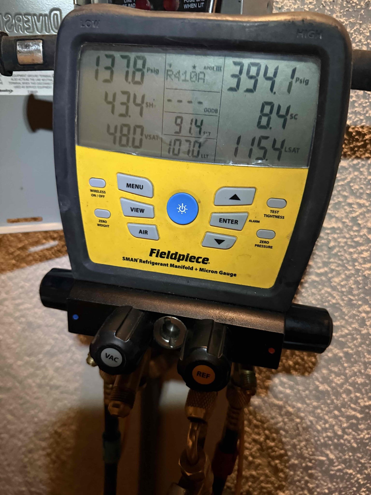 Found Maytag split system with all loads running, using r410a. Checked pressures with gauges. Found high subcool and superheat, suction line was 91.4°. Found garage evaporator coil txv bulb and warmed up against liquid line and for superheat to drop and subcool to drop, suction line got to 78°. Supply temp went from 80° to 69°. Thermostat temp started to drop. Called Bill and informs him of findings. Let him know it’s a 2 hour repair if going with repair versus replacing system. Bill would like repair done. Will get to warehouse tomorrow and see if part is in stock and will call tomorrow morning and update. If located will get with office to schedule for tomorrow, 2 hour job. Home has temporary cooling versus none.