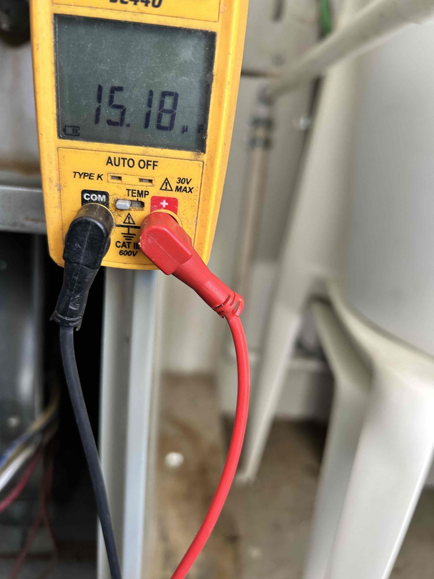 Performed annual maintenance on a 2014 Trane split system. Replaced the 20x25 filter located in the garage and cleared the condensate drain line to ensure proper drainage.
Tested the system operation through the Ecobee thermostat. Upon calling for heating, the system did not respond. Jumped R-W at the furnace, and the heater operated. Called for heating through the Ecobee, and the heating system operated intermittently. Will monitor the thermostat if has intermittent issue.

During maintenance, checked the gas valve, safety switches, blower motor amperage, and flame sensor. Verified furnace operation and checked the heat exchanger.
Inspected the outdoor unit capacitor and found the capacitor out of range, with the HERM side reading near zero microfarads. Informed the client of the failed capacitor, and the client authorized replacement.
Replaced the outdoor unit capacitor. Verified compressor amperage and system operation after replacement. System was operating properly at the time of 
