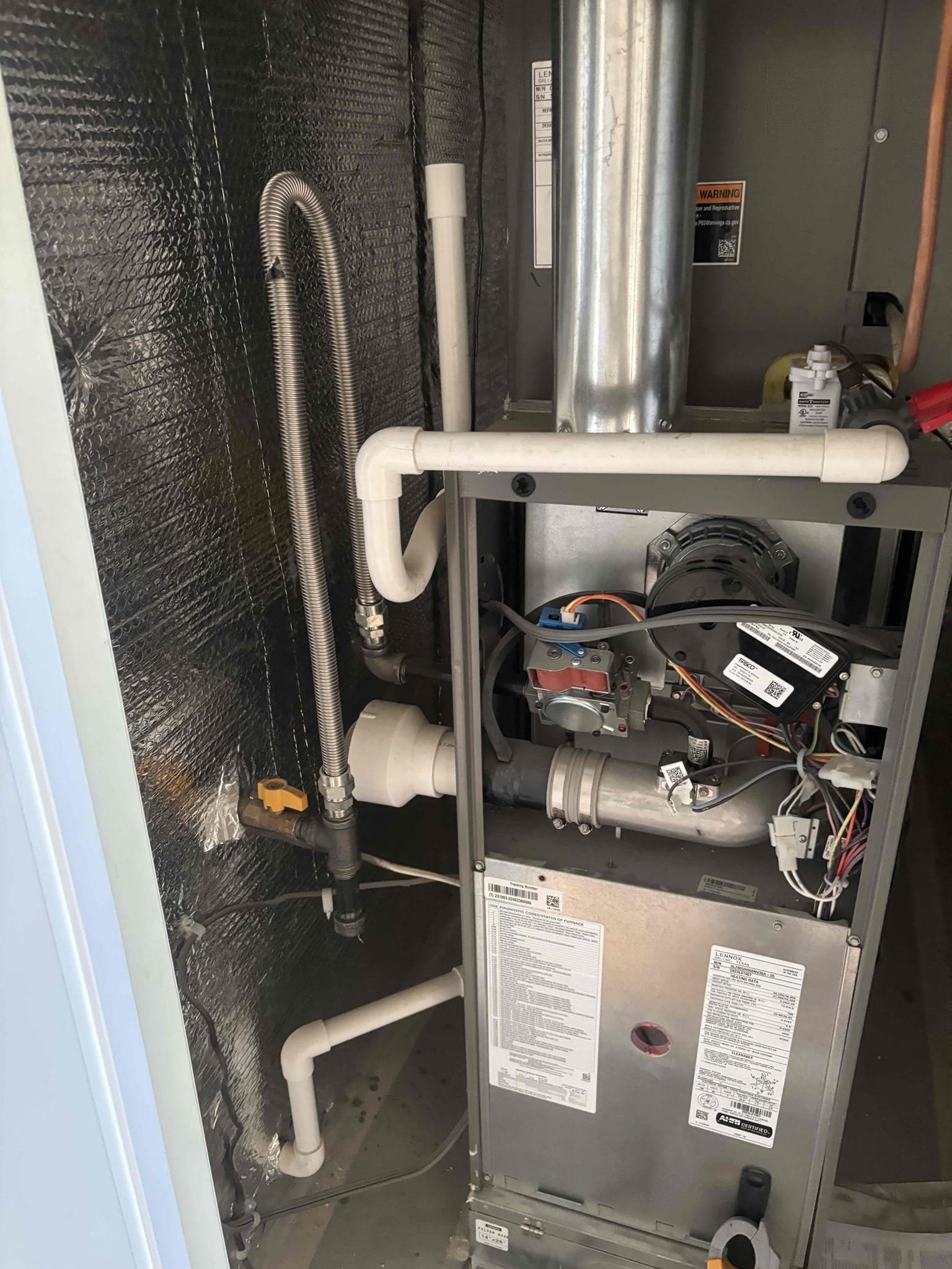 Performed a heating maintenance on an ultra low gas furnace located in hallway closet. Check sequence of operation by checking out all electrical and temperature rise. At this time system is heating up the house properly mature to clean out condensation line check blower motor finish maintenance by making sure system switch back into mode correctly as well as changed out filter.