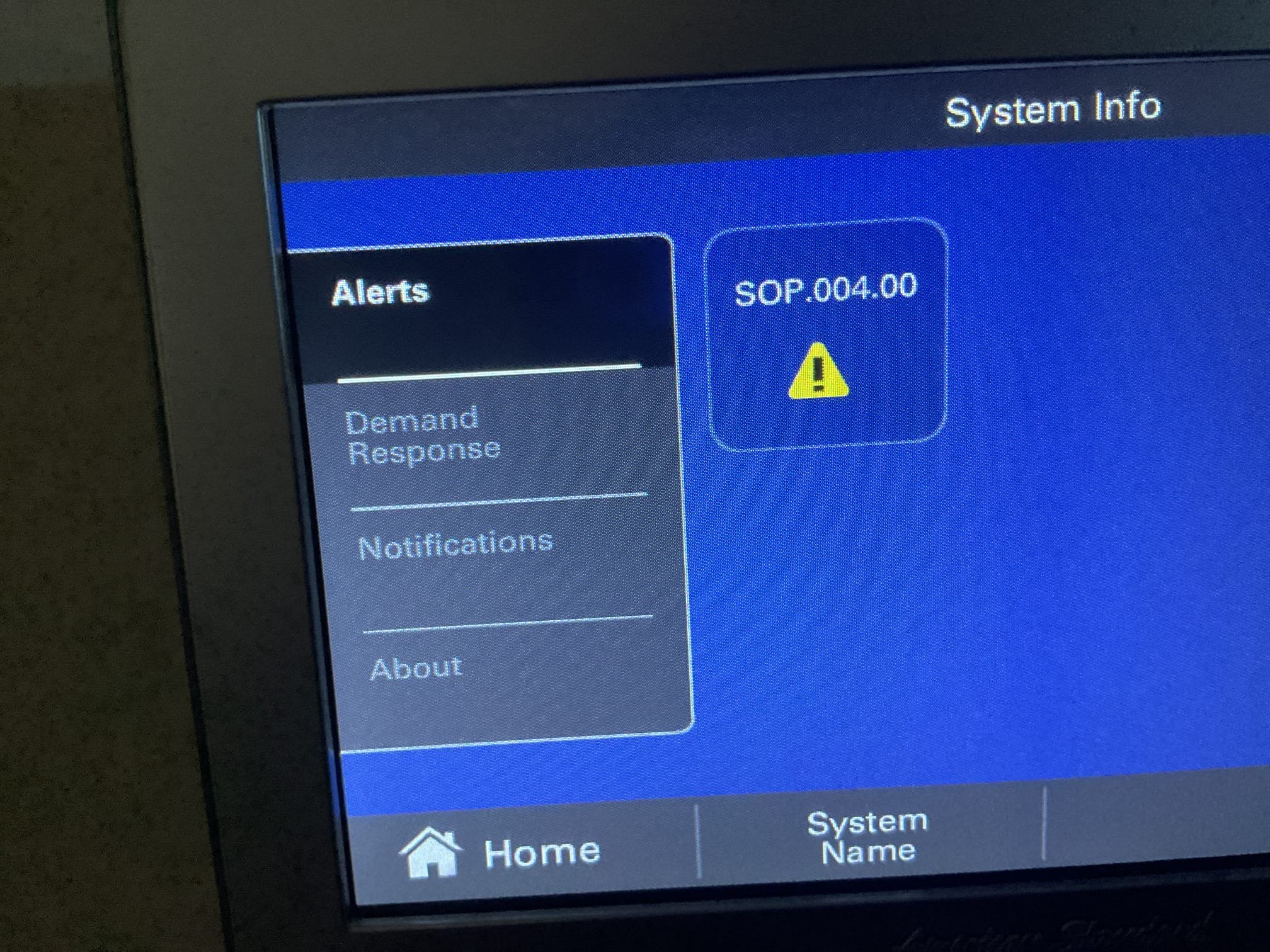 Demand call: no cool

Found error code: SOP .004.00 on the 1050 thermostat. Climb the attic and looked for opens on the circuit board and two zoning panels. All connections were tight and secure. Rebooted the indoor unit and error code disappeared. Confirmed all zones were cooling as well as outdoor unit operation. Charged trip and minimal diagnostics. System is cooling at the time of service.