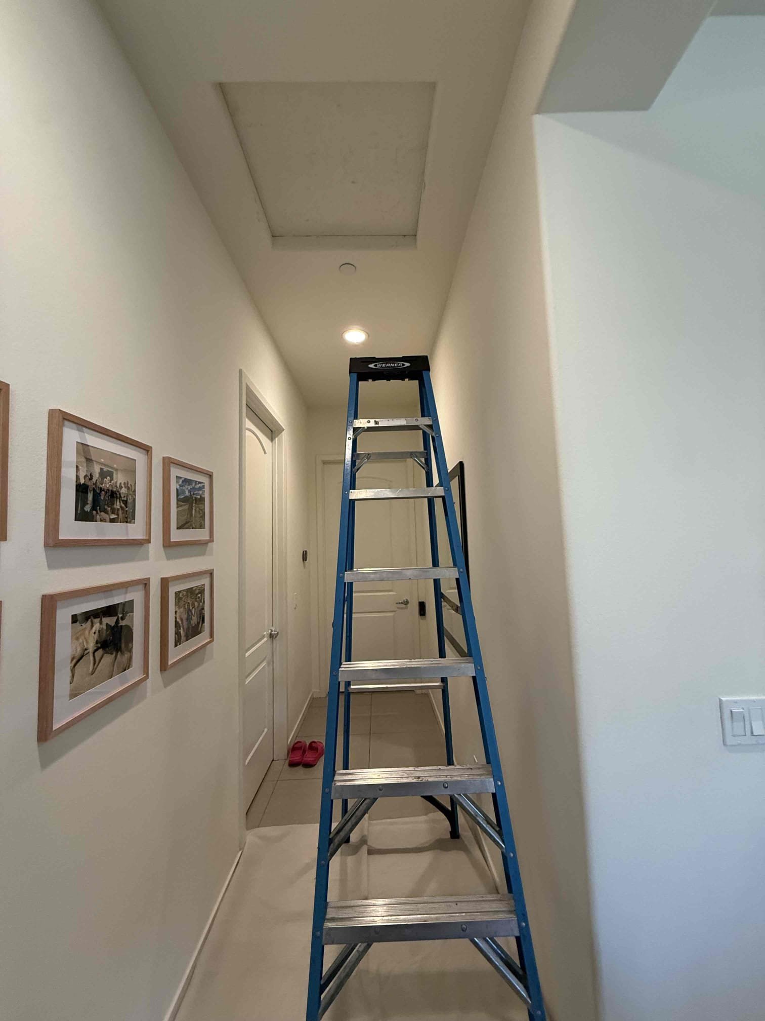 Performed indoor unit & heater maintenance on 2016 Goodman 80% gas furnace in hallway attic access. System is zoned and has (2) Ecobee pro thermostats, both working properly. Zoning and zone panel all good, working properly. Cleared condensation drain. Cleaned off dust from burner compartment and platform. Checked inducer motor and blower motor amps, voltages are good. Heat rise 40°. Zero carbon monoxide detected. Heating sequence of operations was performed properly. Ducting strapped and in good shape. Recommended having a water safety switch and jones valve installed to prevent water damage if drains back up in attic, and keep the drains fully flushed during maintenances.