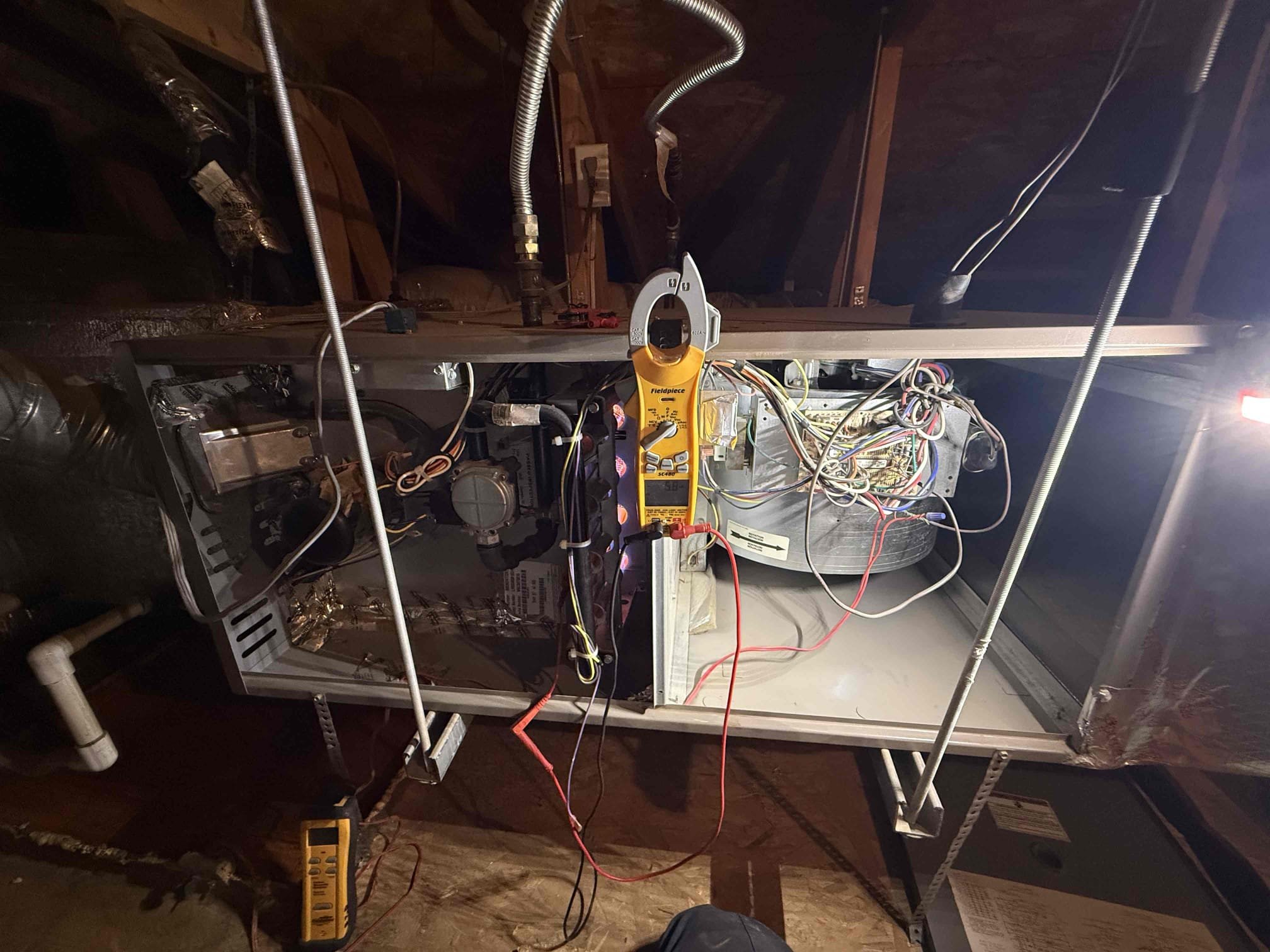 Performed annual heating maintenance on a 2005 York gas furnace. Replaced 16x30 and 14x14 filters. Fau attic access is located in hallway. Cleaned out burners furnace. Verified heating sequence of operation is working properly according to manufacturer specifications. Checked and detected zero carbon monoxide. Checked temperature rise. Checked capacitor for blower motor. Cleared condensation lines. Honeywell 8000 thermostat checked out operational. System is working properly in heating at this time of service. Gave client Starbucks gift card. Client renewed HFCP paid via CC.

Found evaporator coil with rust on right corner slowly dripping water as well as another area with rust that is also dripping water. Water safety pan is rusted out and the safety switch on the pan is non operational. Strongly recommended replacing evaporator coil. Coil is original, 20+ years. Sent quote via email. 