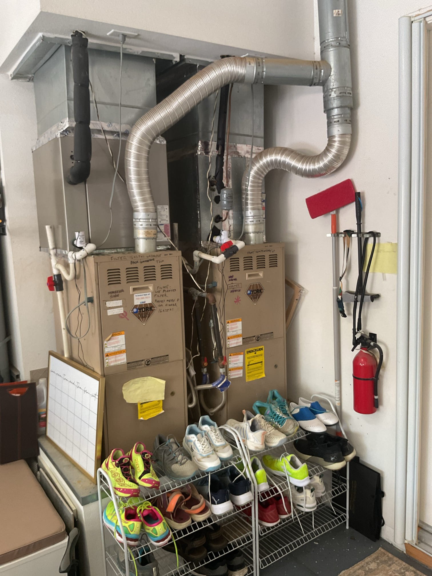 Performed annual AC maintenance on 2001 York split system FAU located inside garage. I was only able to perform maintenance on one unit due to second unit having grounded compressor. Changed filters on both unit. Checked ants, volts, capacitor, and start kit also cleaned electrical compartment. Check refrigerant levels, super heat, sub, cool and temperature split. Cleared lines and clean coil. Found all electrical components in refrigerator levels to be within manufacture specifications on unit one. We will be replacing unit number 9164 with a 4 ton gold 17 upflow POV. Office to call and schedule install.