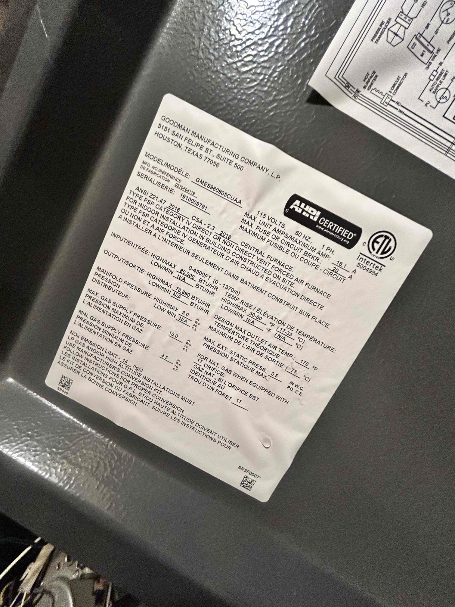 Performed annual maintenance on the 2019 Goodman split-system.

* Replaced the 20” x 30” air filter.
* Inspected and tested the Honeywell T6 thermostat and verified heating and cooling setpoints/operation.
* Inspected the system safeties and controls, including the pressure switch and transducer.
* Verified operation of the two-stage heating system and blower motor/low-speed operation.
* Cycled the cooling system and verified proper compressor operation.
* Checked compressor amperage and electrical components.
* Inspected the capacitor and condenser fan motor and verified proper operation.
* Checked overall heating and cooling performance.
The system is operating properly in both heating and cooling modes at this time.
Recommendation: Consider installing surge protection to help protect the HVAC equipment from electrical surges and voltage spikes associated with power outages or utility fluctuations.
 Starbucks card was received.