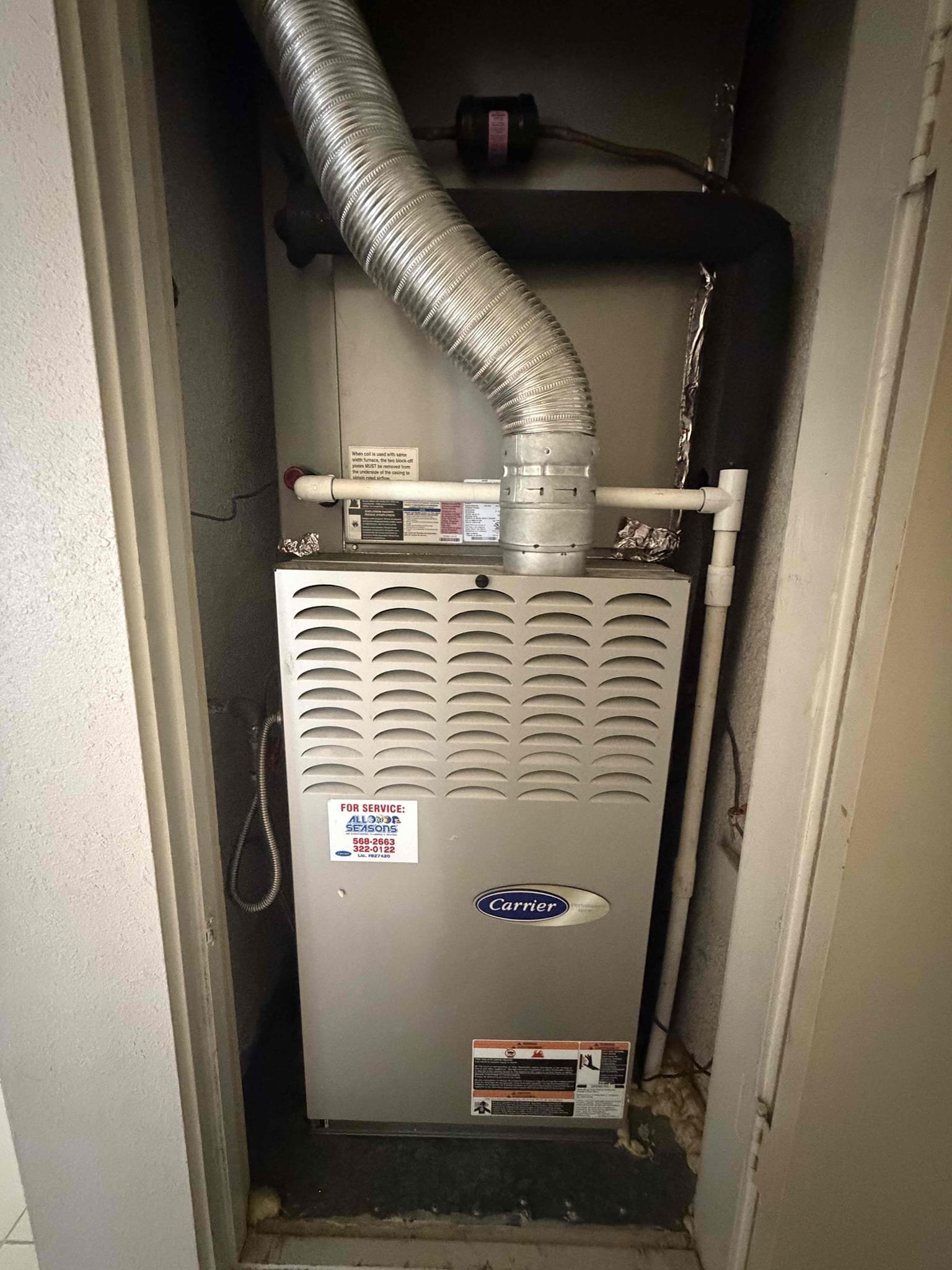 Performed an indoor safety maintenance on a carrier furnace, Filters located in filter rack, fau located in hallway  up flow, changed 1 20x25 filter, flushed condensation line, on fau followed sequence of operation, checked for amperage and voltage, checked for blower speed, check for any loose connections, check for temperature rise, everything within range also cleared dust accumulated   inside electrical component. System is working within specification in heating at the time of maintenance.