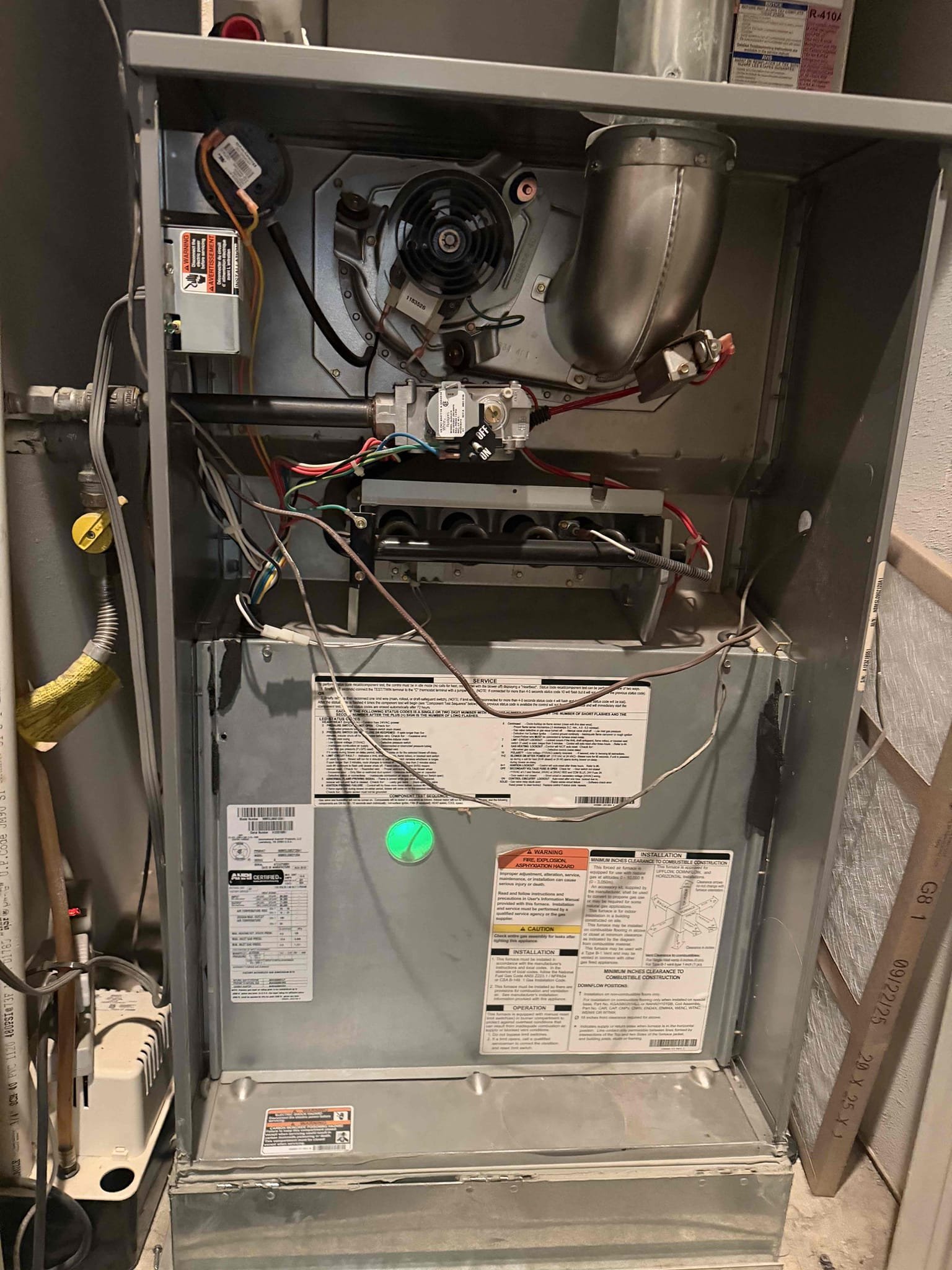 Performed an indoor safety maintenance on  Arcoaire furnaces. Filters located inside filter rack, fau located in hallway, changed 20x25 filter, flushed condensation line, on fau followed sequence of operation, checked for amperage and voltage, checked for blower speed, check for any loose connections, check for carbon monoxide, check for temperature rise, check for capacitor, everything within range also cleared dust accumulated inside electrical component. Systems are working within specifications in heating at the time of maintenance. Gave Starbucks gift card