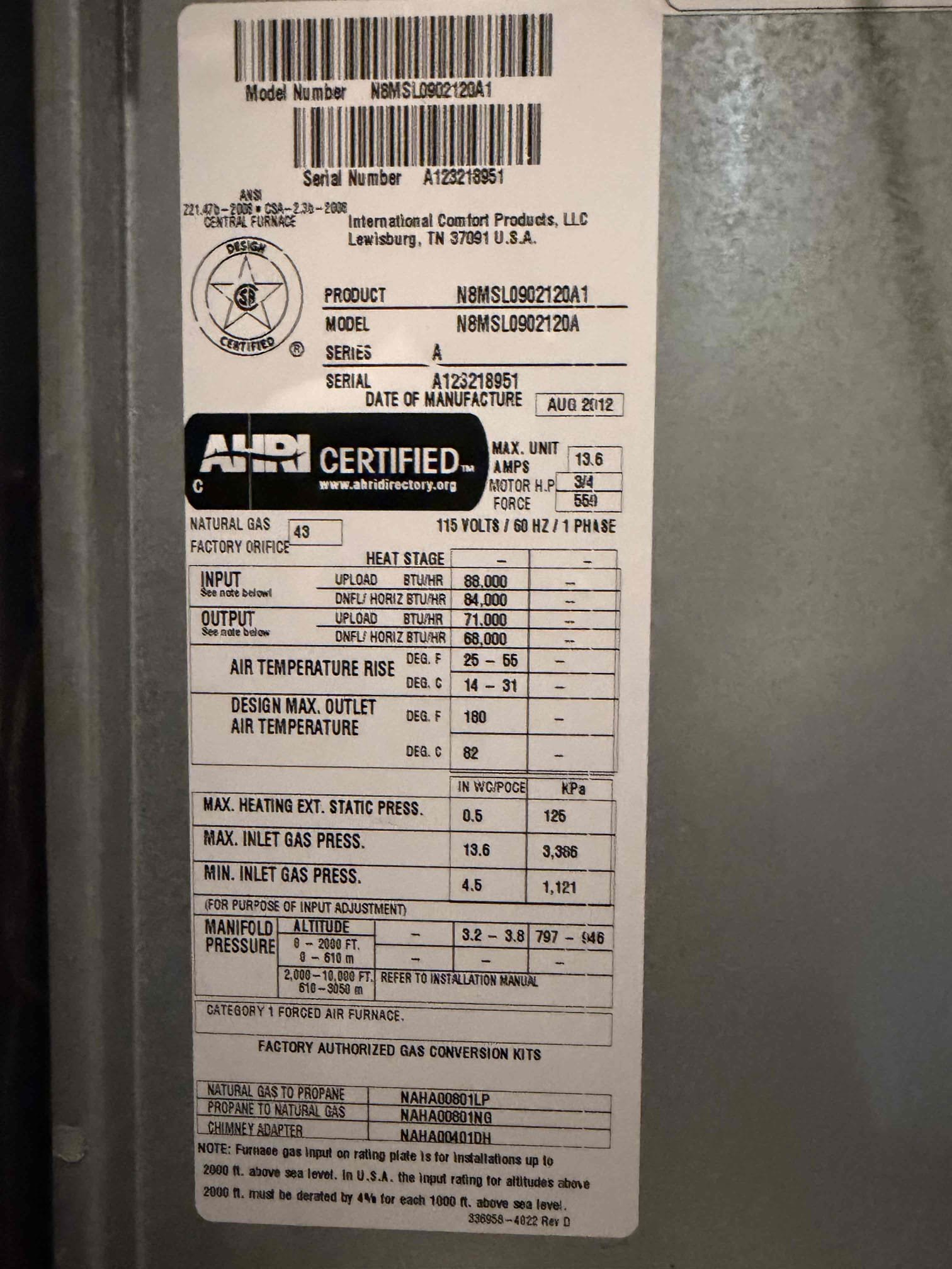 Performed an indoor safety maintenance on  Arcoaire furnaces. Filters located inside filter rack, fau located in hallway, changed 20x25 filter, flushed condensation line, on fau followed sequence of operation, checked for amperage and voltage, checked for blower speed, check for any loose connections, check for carbon monoxide, check for temperature rise, check for capacitor, everything within range also cleared dust accumulated inside electrical component. Systems are working within specifications in heating at the time of maintenance. Gave Starbucks gift card