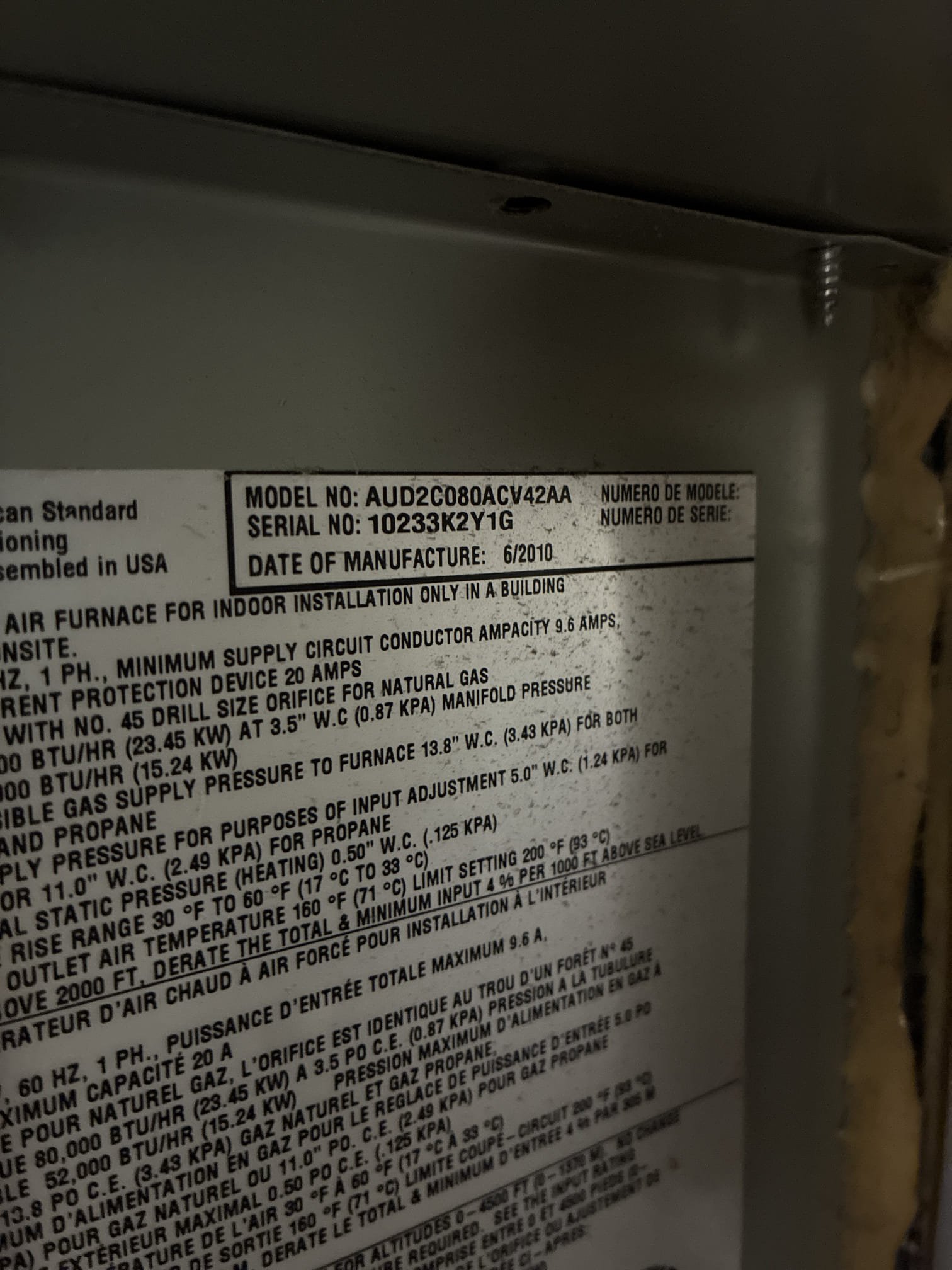 Comfort indoor service on 2010 American standard split system. Fau located inside closet. Washed filter and flushed condensate line. Checked all heater and safety components. Blew out electrical compartment. Advised on age and life expectancy. Gave Starbucks card.