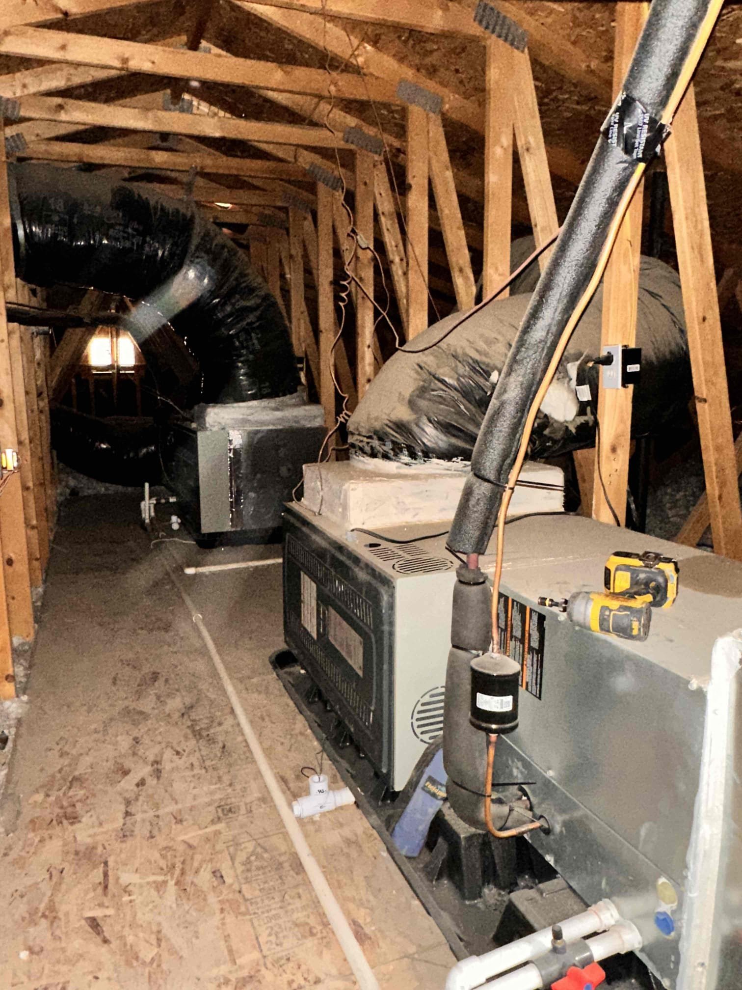 Performed indoor equipment maintenance and safety checks on two 2022 American Standard Platinum POV split systems, with indoor equipment located in the attic/access through the Grande bedroom closet.

Outdoor equipment identification:

* Model: 4A6V8X36A1000AA | Serial: 22462YFSHF | Manufactured: 11/2022
* Model: 4A6V8X48A1000AA | Serial: 224537P6HF | Manufactured: 11/2022

Replaced one 20 × 30 and two 14 × 24 filters located in the ceiling. Cleared electrical components of dust and debris and verified proper sequence of operation. Inspected ductwork and confirmed it was secured, attached to the equipment, and in good condition. Verified temperature rise and refrigerant levels and cycled both systems. Cleared condensate lines through the outside termination. Verified thermostats were operational. No current or stored error codes were present at the CDA.

Both systems are within manufacturer specifications and heating and operating properly at this time of service. Pre-booked the next m