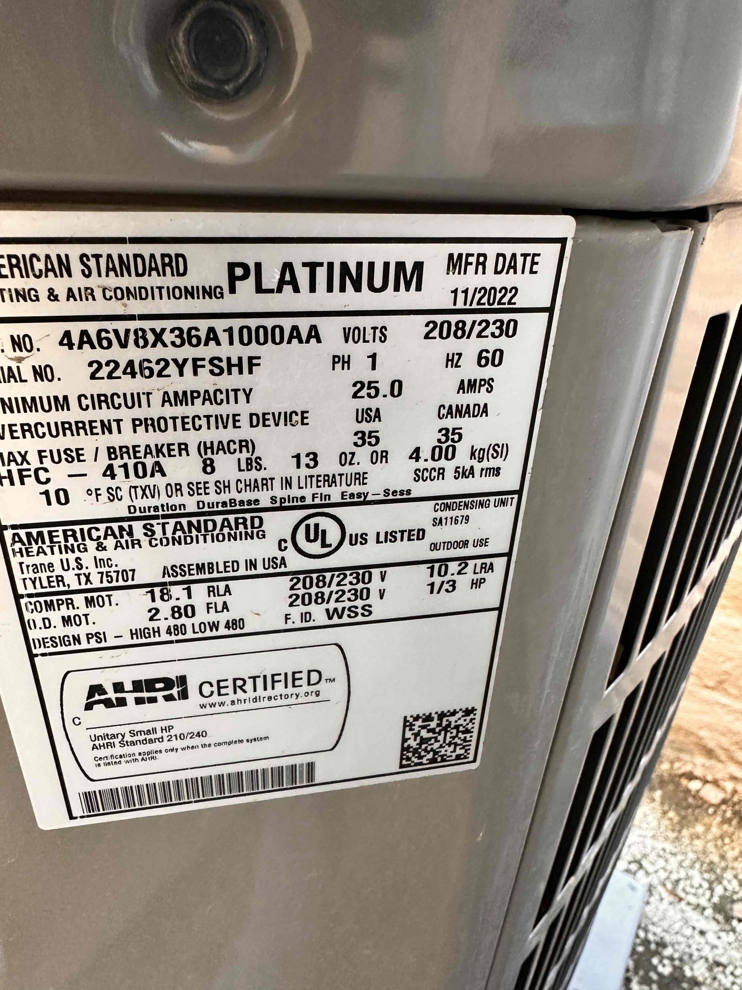 Performed indoor equipment maintenance and safety checks on two 2022 American Standard Platinum POV split systems, with indoor equipment located in the attic/access through the Grande bedroom closet.

Outdoor equipment identification:

* Model: 4A6V8X36A1000AA | Serial: 22462YFSHF | Manufactured: 11/2022
* Model: 4A6V8X48A1000AA | Serial: 224537P6HF | Manufactured: 11/2022

Replaced one 20 × 30 and two 14 × 24 filters located in the ceiling. Cleared electrical components of dust and debris and verified proper sequence of operation. Inspected ductwork and confirmed it was secured, attached to the equipment, and in good condition. Verified temperature rise and refrigerant levels and cycled both systems. Cleared condensate lines through the outside termination. Verified thermostats were operational. No current or stored error codes were present at the CDA.

Both systems are within manufacturer specifications and heating and operating properly at this time of service. Pre-booked the next m