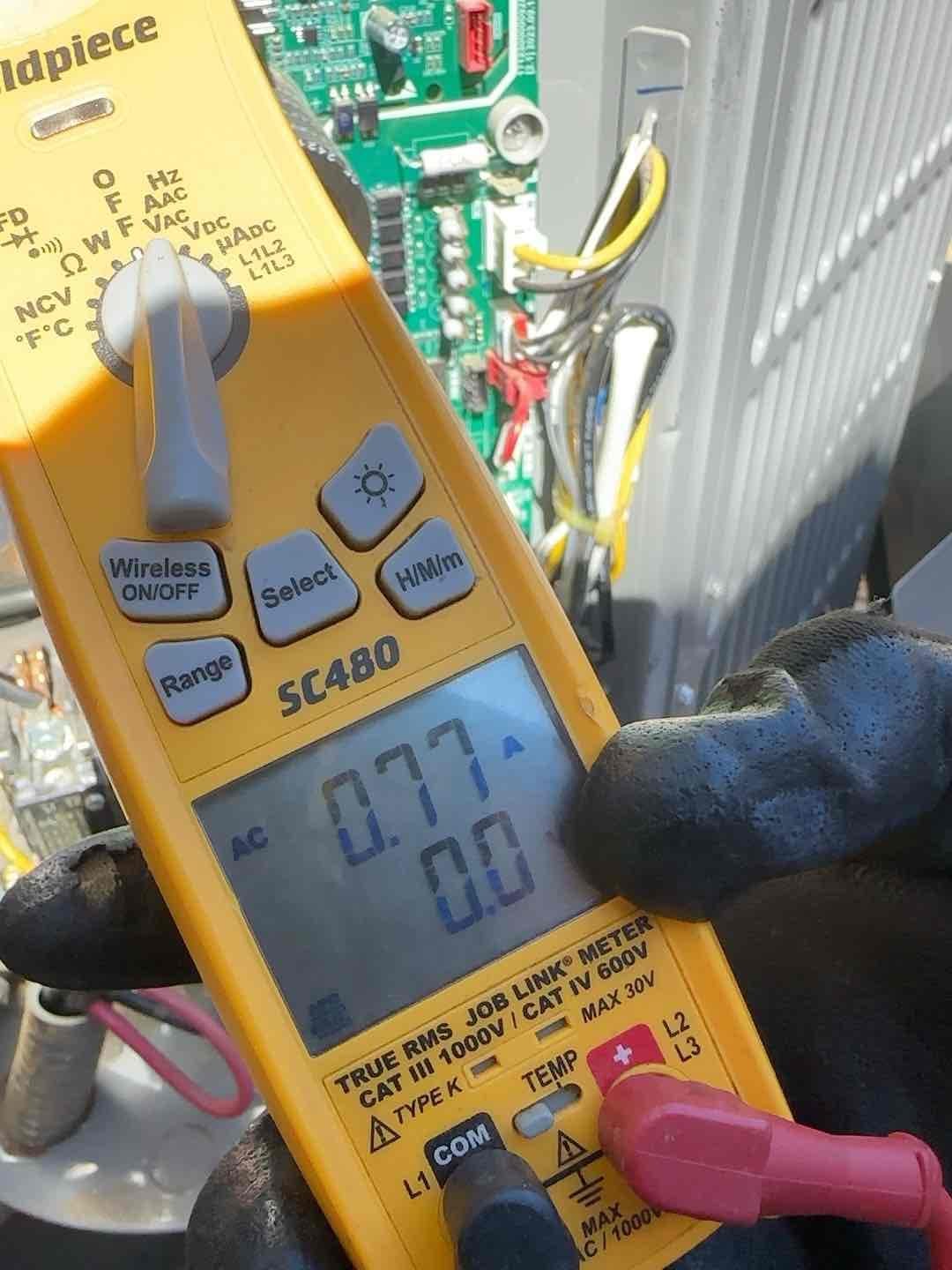 Performed annual maintenance and safety check on a 2023 AC Pro split system with a microchannel outdoor coil. Per member request, verified cooling operation. Property is a new home.

Outdoor equipment model: AOVA-60CN1-M152L
Serial number: 540P649030746110100105

Replaced two 20 × 30 filters located in the ceiling. Cleared electrical components of dust and debris and verified proper sequence of operation. Checked voltage and amperage, including compressor running amps of 15.99 A and outdoor fan running amps of 0.77 A. Checked the 70 µF capacitor, verified refrigerant levels, and cycled equipment in cooling. Cleared the condensate line through the outside termination and washed the outdoor coil. Verified the Honeywell 8000 thermostat was operational.

System is within manufacturer specifications and cooling and operating properly at this time of service. Gave the member a Starbucks gift card.