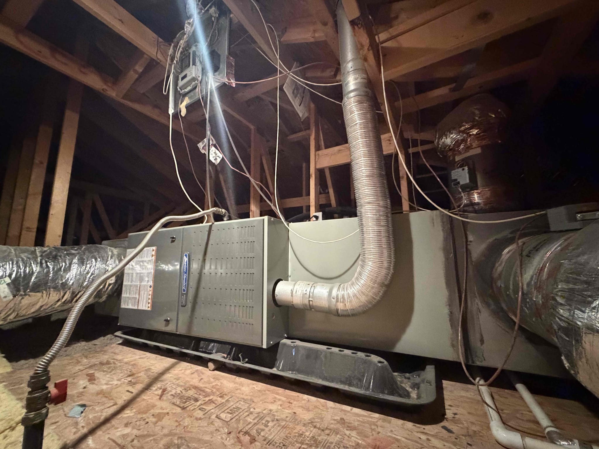 Performed an indoor safety maintenance on a 2 2014 America standard furnace, Filters located in hallway ceiling, fua located in attic, attic access location on hallway, changed 1 20x30 14x14 & 14x24 filter, flushed condensation line, on fau followed sequence of operation, checked for amperage and voltage, checked for blower speed, check for any loose connections, check for temperature rise, everything within range also cleared dust accumulated   inside electrical component. System is working within specification in heating at the time of maintenance.