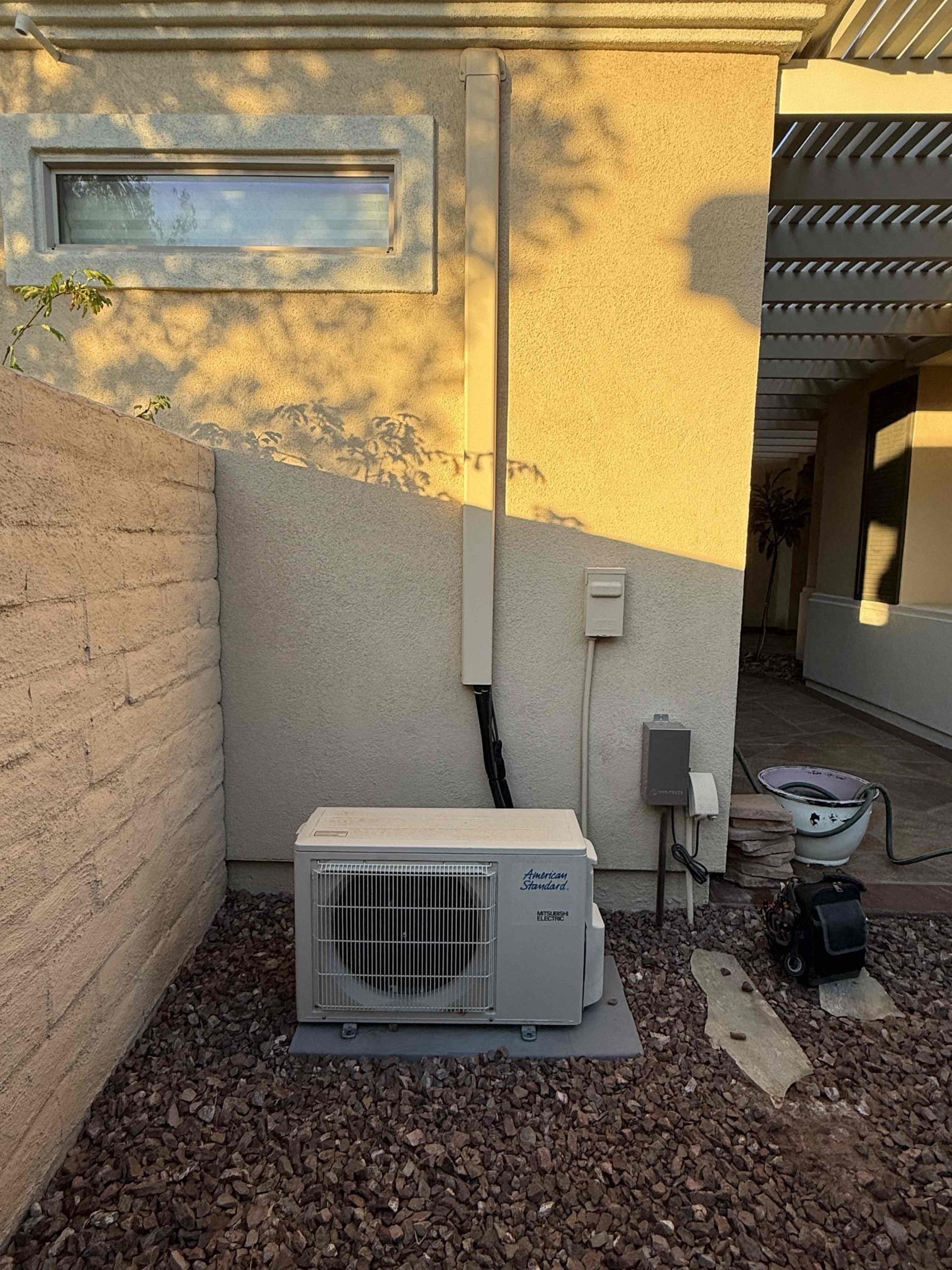 Homeowners stated the casita Mitsubishi mini split would make a couple  different sounds. One was a gurgling, pump sound. The other was a revving up sound. Checked all system vitals and cleanliness and system is cooling and operating properly. System has a mini split revco condensate pump and when I inspected it , the reservoir was full with dirty condensate mixed with fine drywall type debris. It was covering the sensor too. While checking system the pump gurgled and went off twice. Cleaned it out and explained the operation of the system , remote was set properly. Inverter systems don’t fully shut off, indoor fan will basically always run, to sense indoor temperature for operation. It will rev up and down for different capacity cooling, which is how they are so efficient. The compressor will run most the time too and will usually cool to 1-2 degrees past setpoint so it can shut off til indoor temp rises a bit , letting compressor rest sometimes. System usually ramps down to 10-20% ca