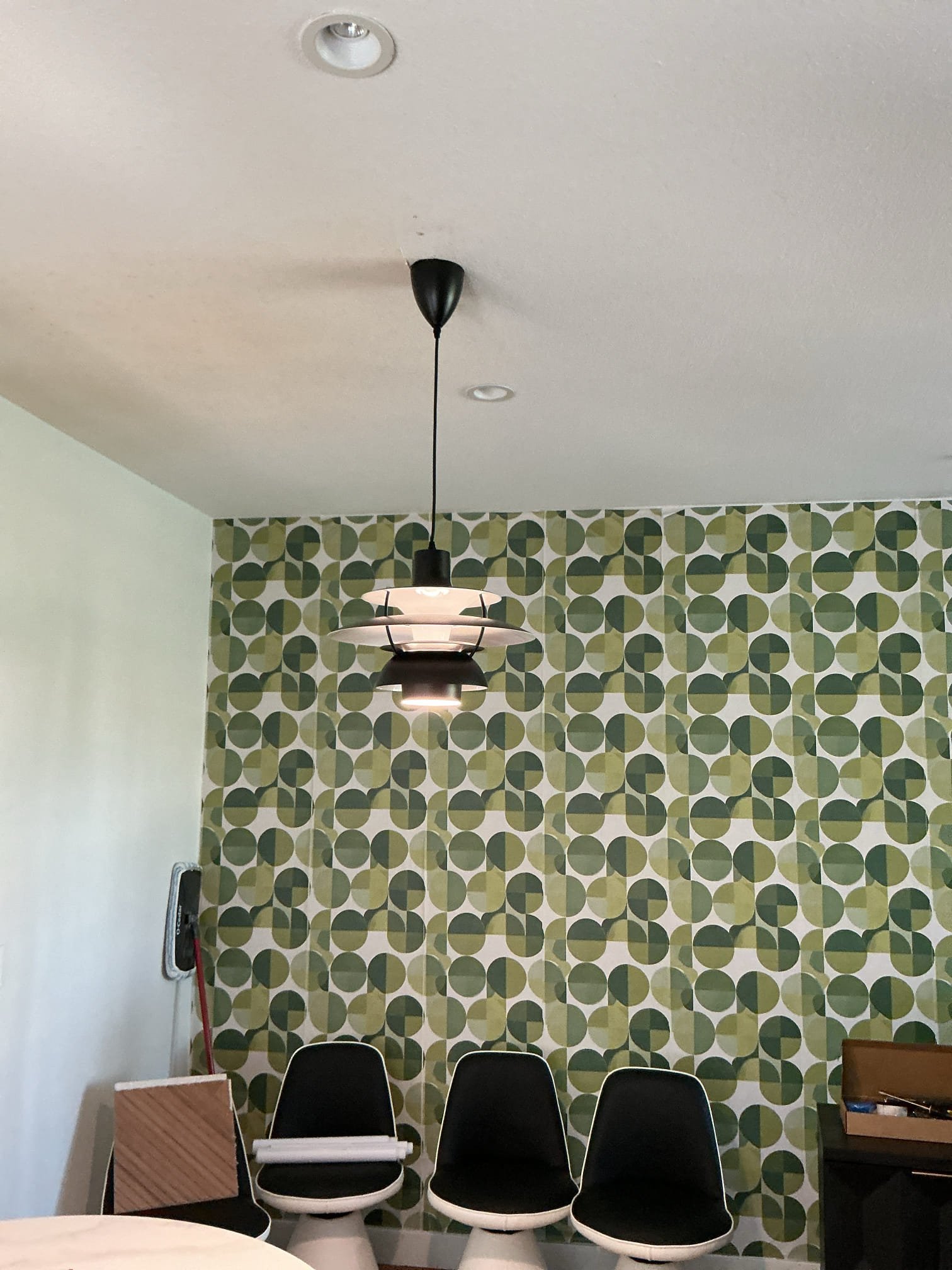 Arrived to remove existing ceiling fan and safely secured wires and capped fan box. Removed and replaced chandelier over dining table. Lastly I replaced a low voltage dimmer with a on/off switch.