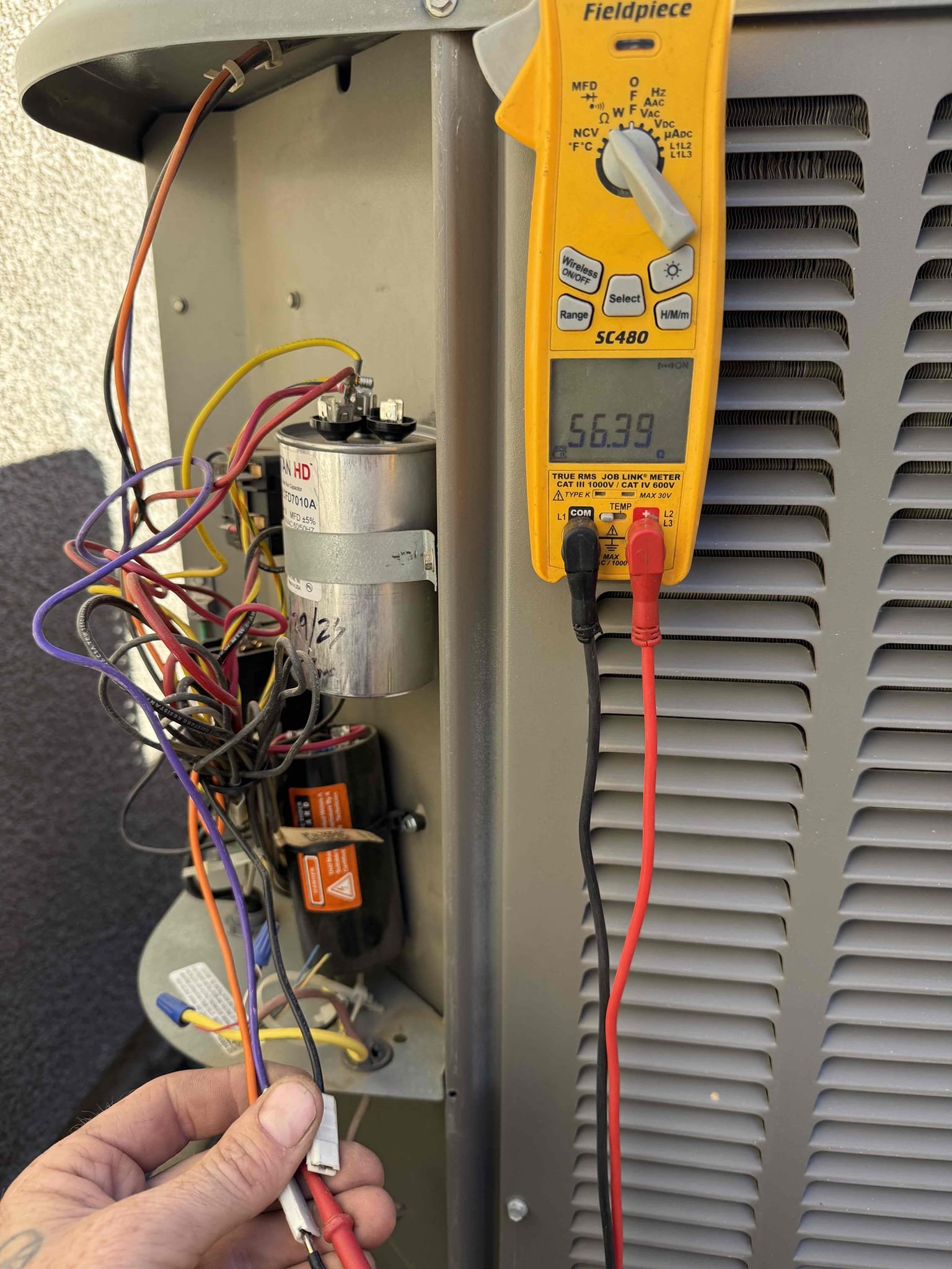 Found Lennox condenser off on high pressure switch (resettable). Replaced 1/4 hp condenser fan motor and capacitor. Reset pressure switch and tested system. System refrigerant charge was good. System is cooling properly now. Homeowner aware of age and life expectancy of systems in our valley of 10-15 years. 2- year warranty on motor and capacitor as Hyde’s family comfort club member.