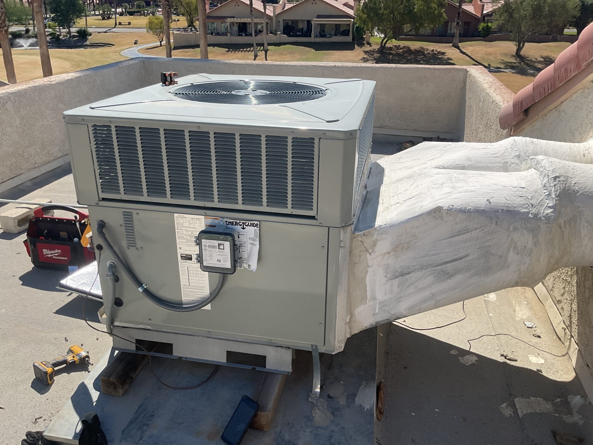 Palm Desert, CA - Winter maintenance – package heat pump. Checked refrigerant circuit diagnostic, capacitors and electric motors. Replaced filter. Thermostat/disconnect box: good. Installed compressor saver kit and enrolled in silver club membership – paid via C. C. Pre-booked summer maintenance. Starbucks.