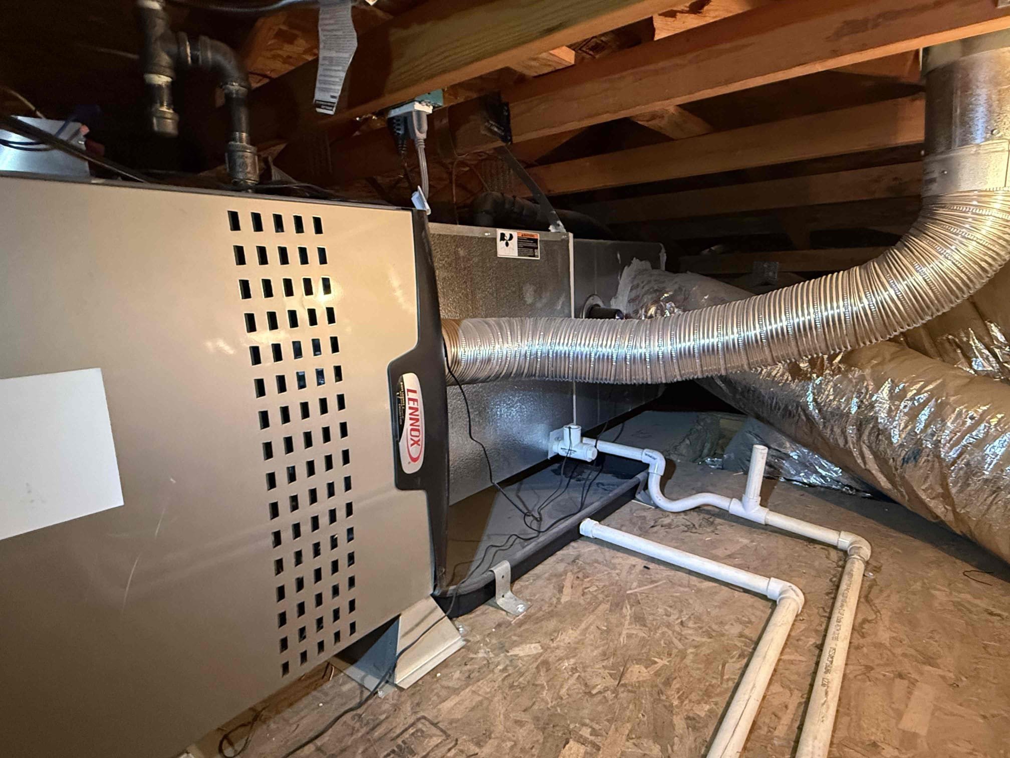 Performed indoor unit /heating maintenance on (2) 2015 Lennox 80% gas furnaces in separate upstairs hallway attic accesses . Replaced customer supplied 5” media filters at attic filter racks. Cleared condensation drains, float switches at attic coils working. Cleaned off mechanical platforms. Cleaned out burner compartments. Nest thermostat and older Lennox touch thermostat working properly. Heating sequence of operations was performed properly. Zero carbon monoxide detected. Checked blower more and inducer motor amps. Heat rise, gas pressures, safeties and limits. Reme halo uv lights working , bulbs still working. Systems are heating safely and properly. Collected annual maintenance plan renewal. 
