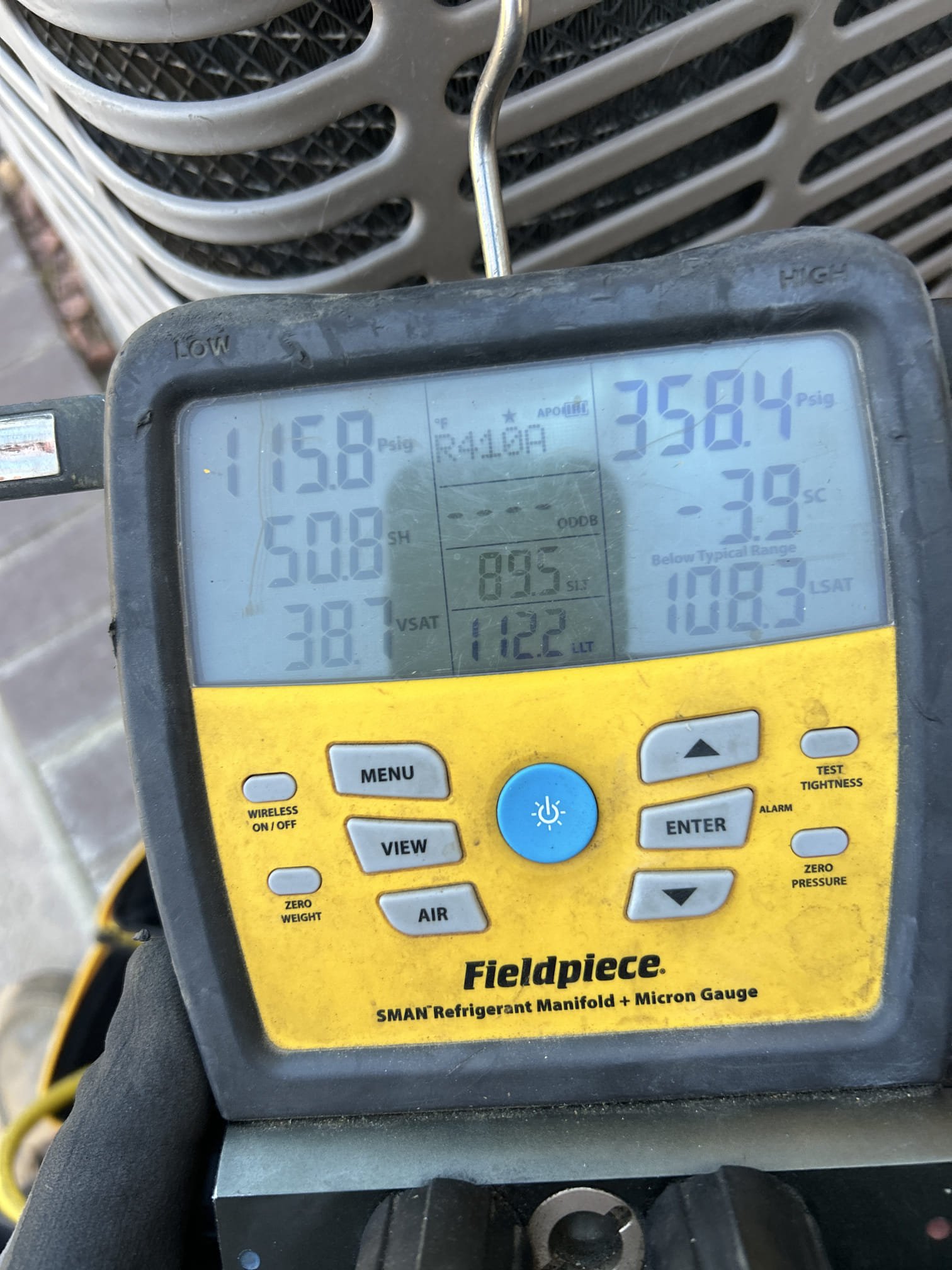 Upon arrival system was operating but not cooling properly. With further inspection while checking refrigerant levels discovered system was low on refrigerant and condenser coil was dirty. Cleaned condenser coil and charged system with 2 pounds of refrigerant. Supply air temperature now at 66°.