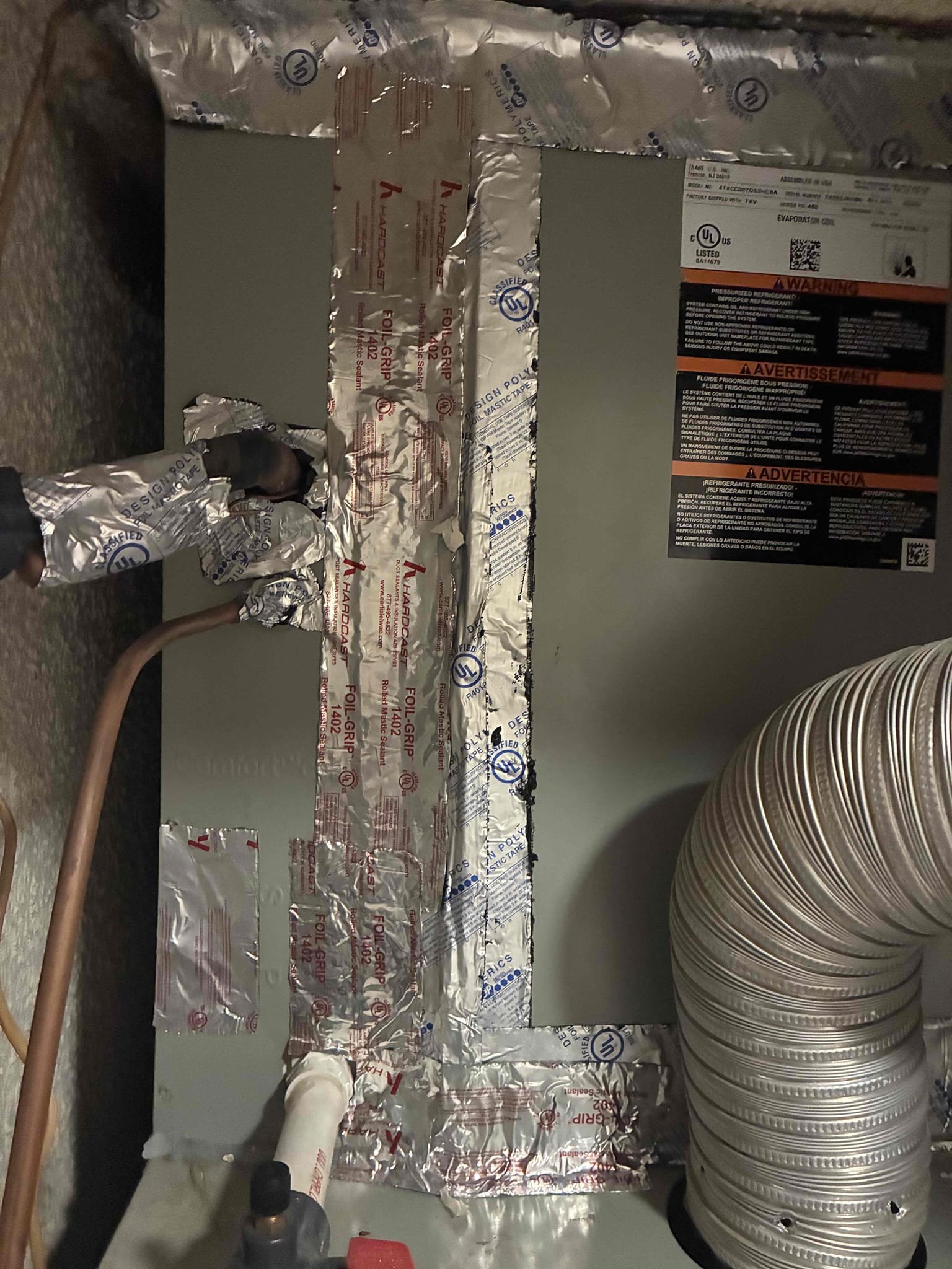 Upon arrival client stated daughters bedroom is warmer than rest of home. Home doesn’t have attic access. Previous tech had changed out register to less restricted one. Found supply register for hot room is using a drop down boot which decreases airflow. Found drop down boot is from how the house was structured and cannot be modified. Also found coil has airflow leaks due to tape not holding. Put glen coat tape and sealed. 
