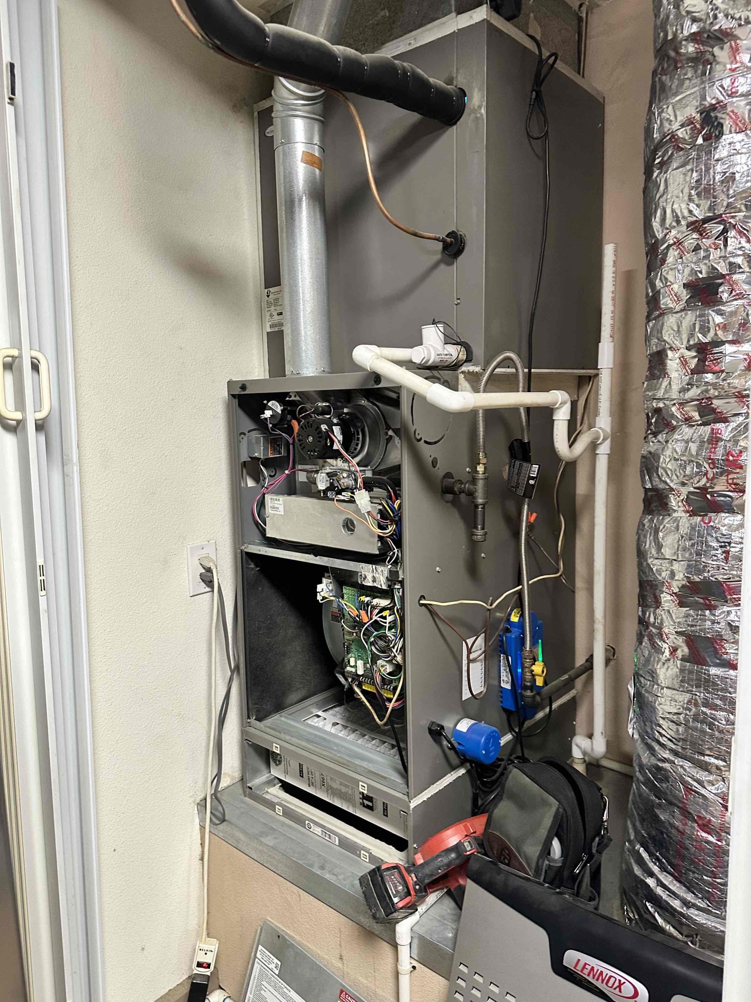 Performed annual maintenance in heat on a Lennox up flow location garage, followed Sequence of operation Changed customer supplied filter cleared mini split filters checked inducer capacitor amps on blower motor limit switches safety switches working at range cleared mechanical components cleared condensation line unit is working to manufacture specification in heat also left Starbucks card behind