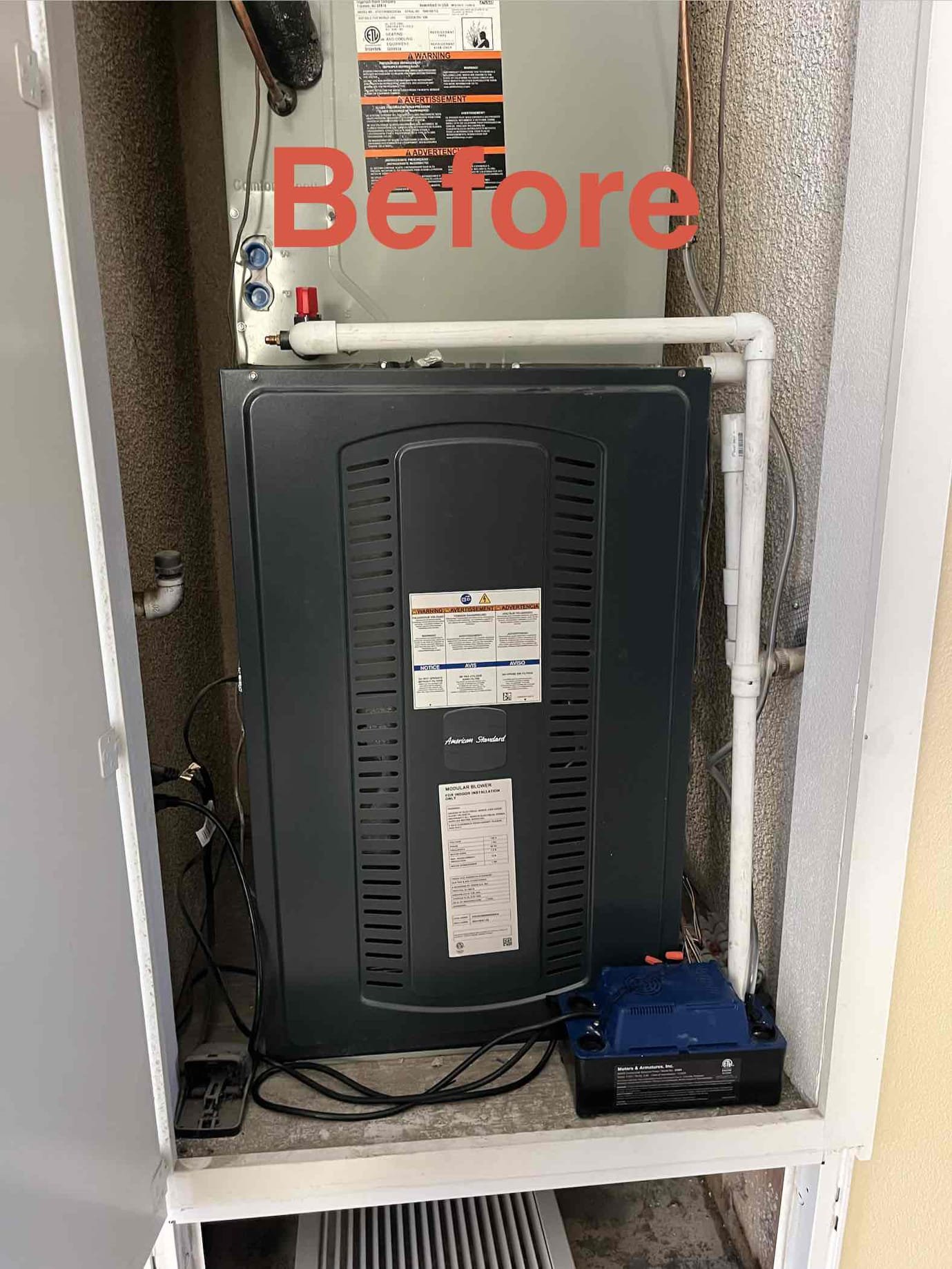 🛠️🛠️
Upon arrival, client inform me that indoor air handler was leaking water again

Removed previously installed condensation line, gave bottom cut a 45° angle, added more slope to condensation line and added clean out 
Tested condensation line
And rewired water pump overflow switch

✅
System is draining properly at this time

See Notes