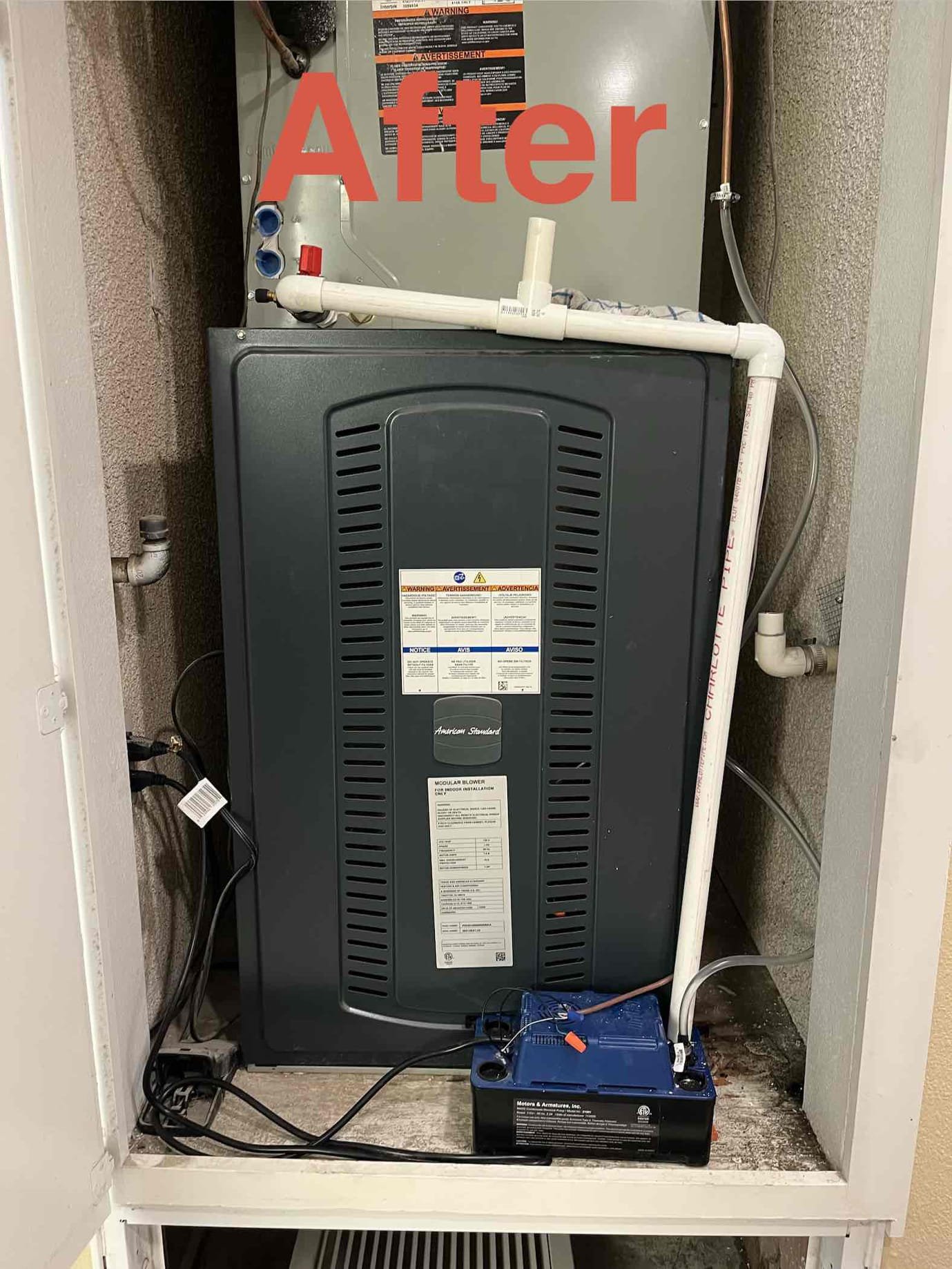 🛠️🛠️
Upon arrival, client inform me that indoor air handler was leaking water again

Removed previously installed condensation line, gave bottom cut a 45° angle, added more slope to condensation line and added clean out 
Tested condensation line
And rewired water pump overflow switch

✅
System is draining properly at this time

See Notes