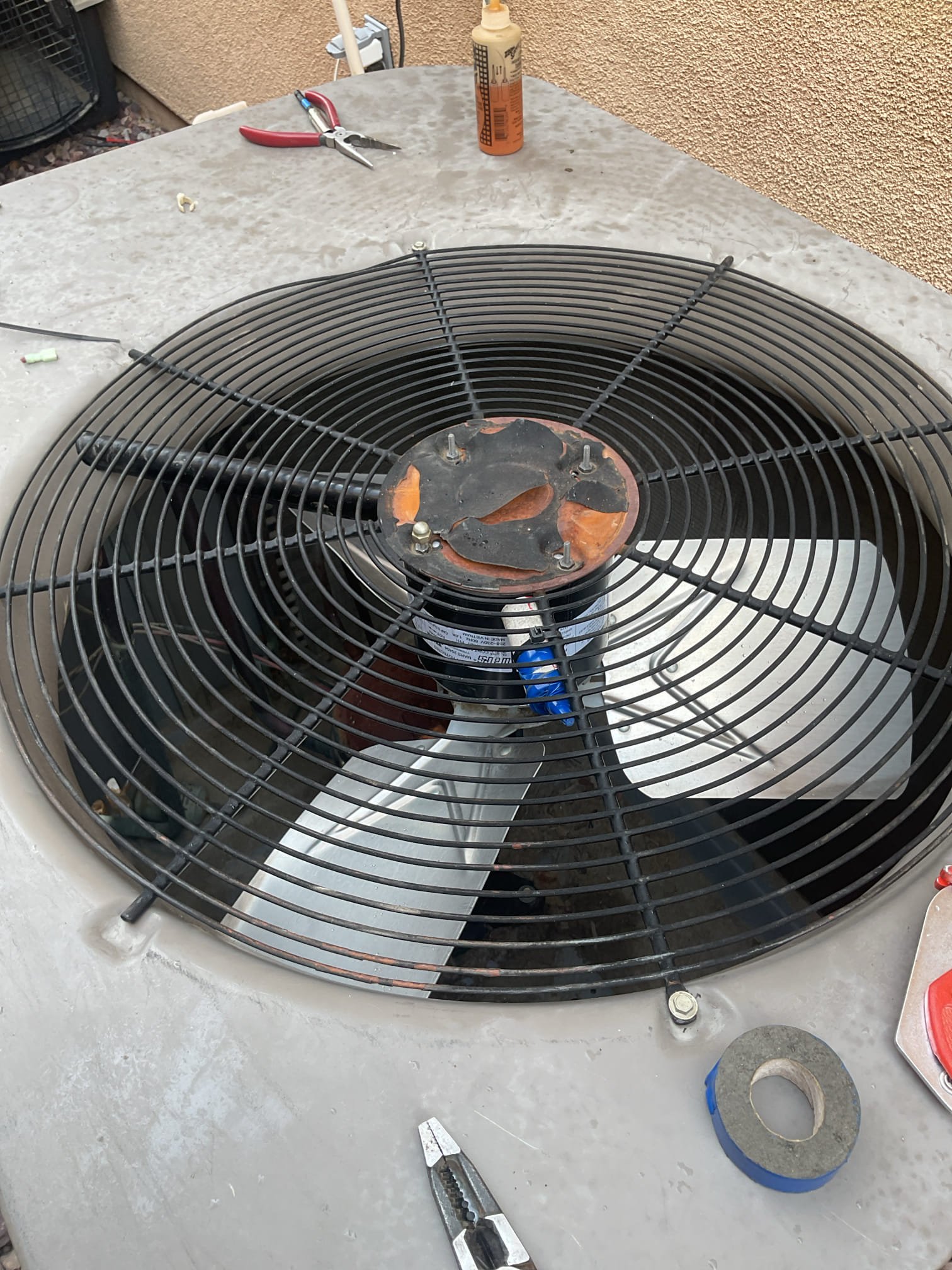 Demand call: condenser fan replacement

Upon arrival, client had lubricated condenser fan due to excessive noise and bearing failure. Found high amperage and tight bearings. Replaced condenser fan and dual run cap. Tested motor and checked for proper function. System is cooling the home at the time of repair. Paid via C. C.