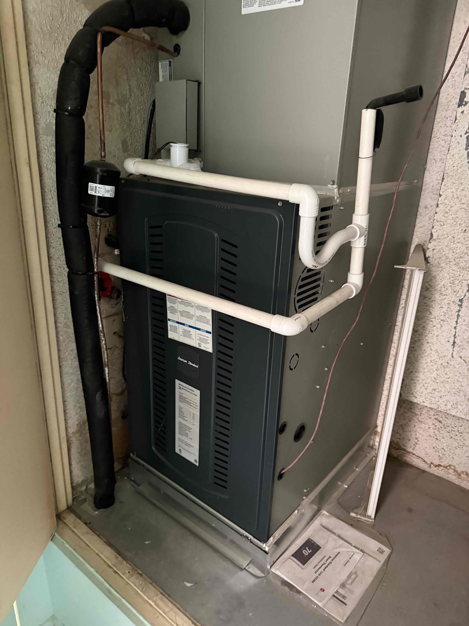 Indian Wells, CA - Performed annual heating maintenance on 2) American Standard Platinum Heat pumps. Upflow FAUs are located in laundry closet and guest bathroom closet. Replaced 20x25 filters located in filter racks and cleared condensation lines from clear out valves. Followed sequence of operations and checked voltage, amperage, temperature rise, refrigerant levels, found no error codes on CDA, and per clients request set fan modes from Circulate to AUTO. 1050 and 360 thermostats checked out operational. Both systems are working properly in heating at this time of service. Gave client Starbucks gift card. Client opted to wait to schedule cooling maintenance at this time of service. 