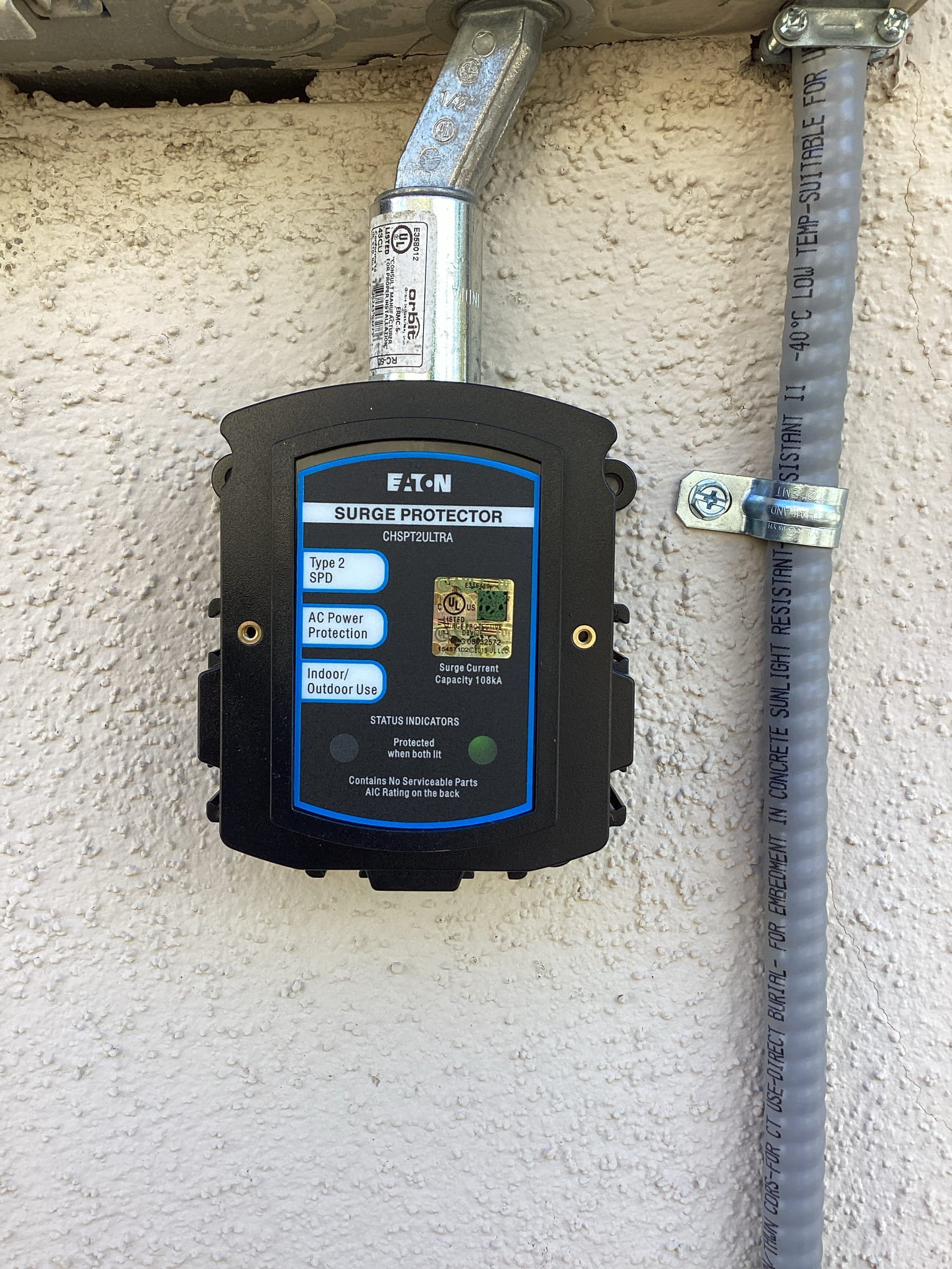 Arrived at customers home to install a new ultra surge protector on the main breaker panel for home. Penetrated out of the bottom of the main panel and set an ultra surge protector directly onto bottom of panel. Landed all connections and set breaker to ensure proper operation of surge protector. Confirmed with customer to complete scope of work for today.
