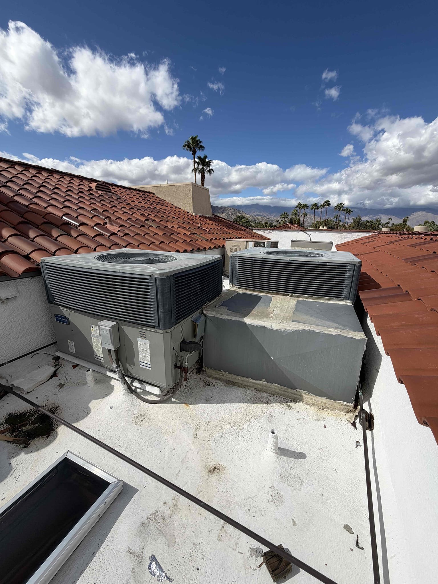 Demand call upon arrival. Client stated they had repairs done on both package units Plenum’s. Stated that several days ago it was raining hard causing water leaks in master bedroom bathroom. Climbed onto roof to check both package units return plenums and supply. Verified plenums are securely sealed. Client stated this is an ongoing issue before we started servicing the equipment. Could not determine where water is leaking. Properly secured and sealed both Plenum’s again. Recommended client call a roofer. 