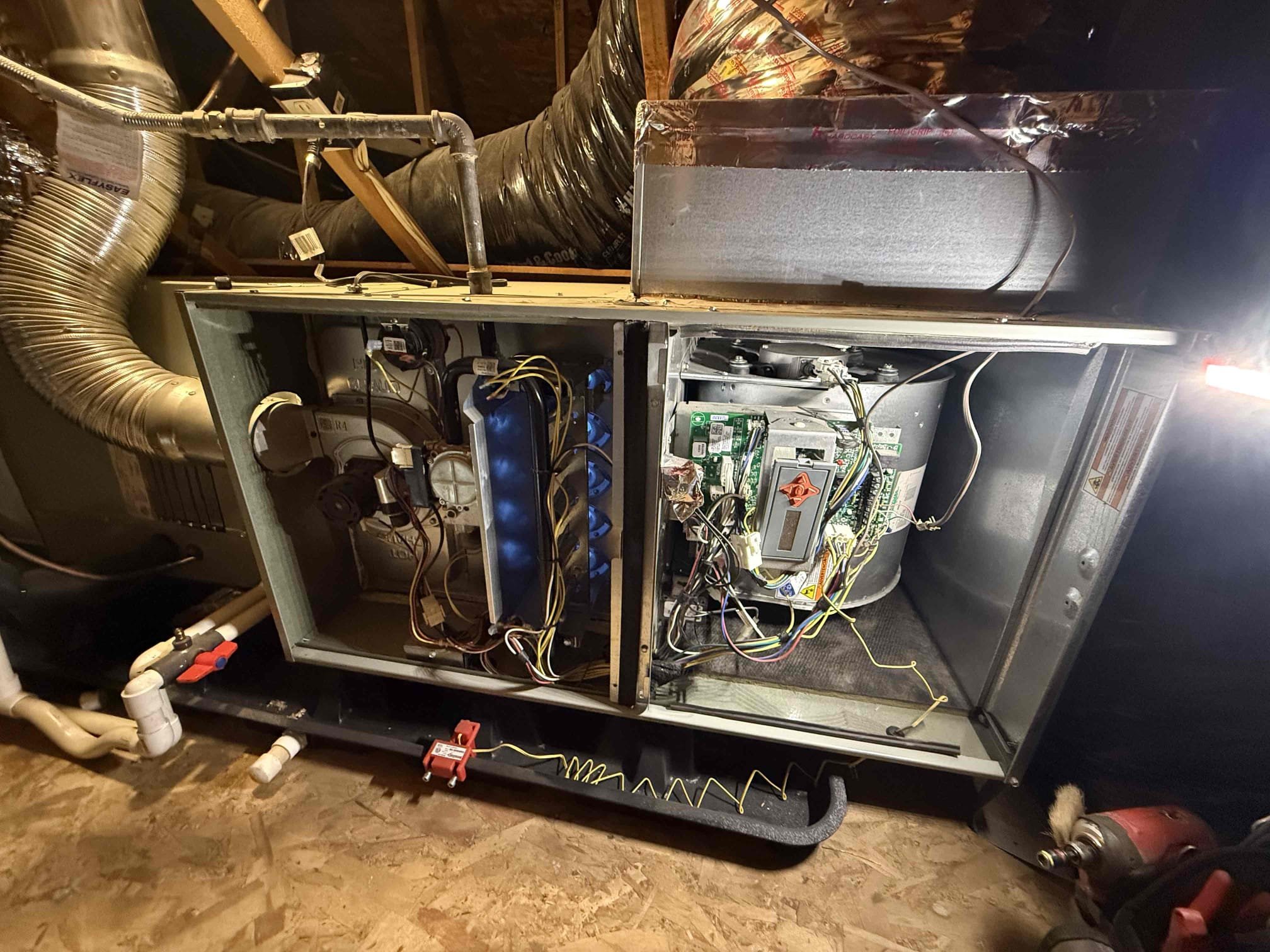 Performed annual heating maintenance on 2) 2018 American Standard platinum split systems. Replaced 2) 20x20 filters. Both faus are located in laundry room attic access. Cleared condensation lines from clear out valves. Cleaned out burners furnace. Verified heating sequence of operation is working properly according to manufacturer specifications. Checked and detected zero carbon monoxide. Checked temperature rise. Everything checked out in range. 1050 thermostats checked out operational. Both systems are working properly in heating at this time of service. Gave client Starbucks gift card. 