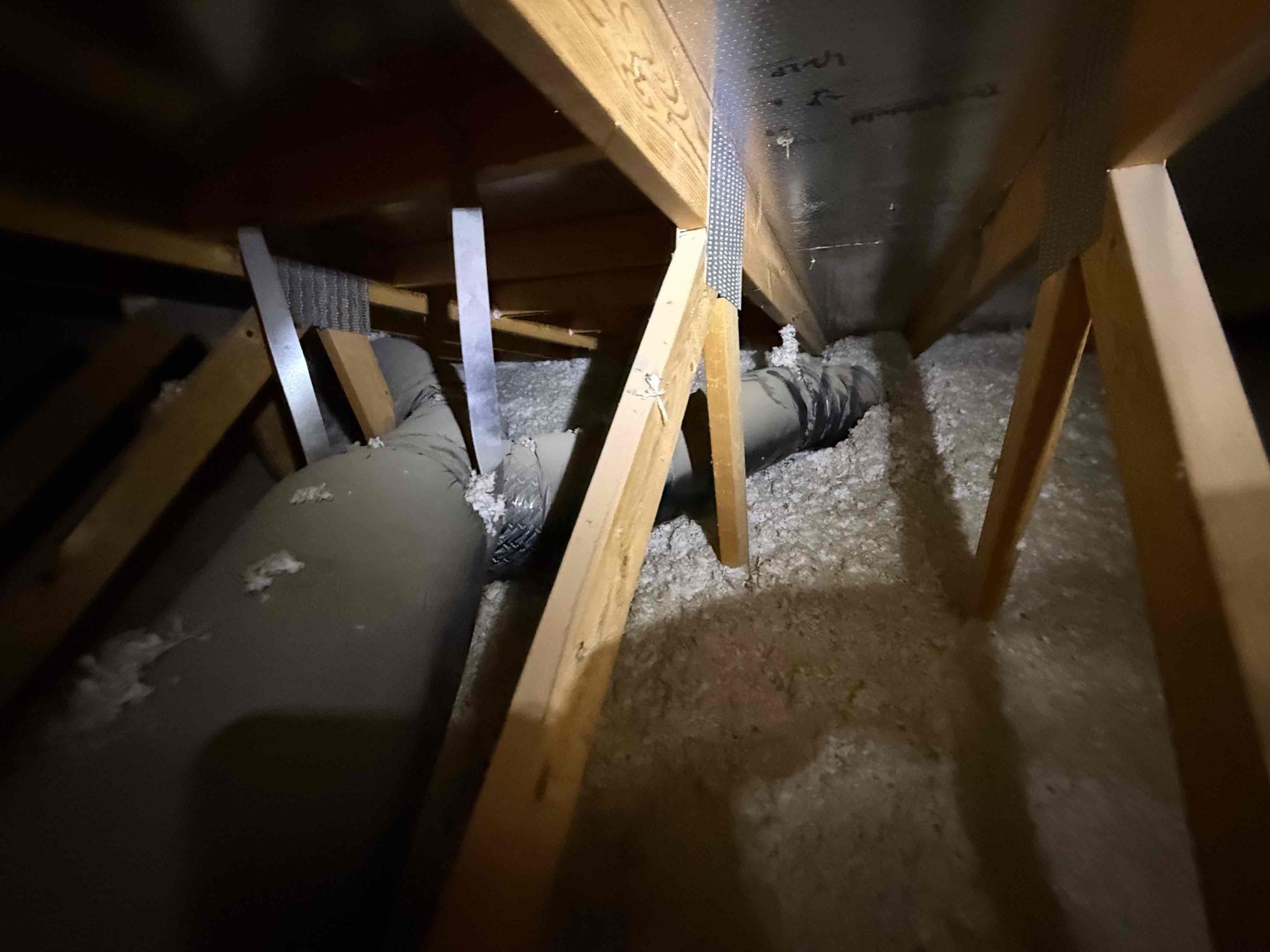 Found water stains in attic near bedroom supply vent and dried water stains on top of duct leading me to believe source of water entry was through roof. Some water spots weren’t near duct so the air conditioner did not cause any water damage. Recommended having a professional roofer or roof repair company come check it out. Did not see any water l8nes anywhere close in attic. Some parts of roof frame seemed to have water stains. Also recommended Hyde’s Family Comfort Club Maintenance plan, homeowner to advise because she currently has an hvac tech who takes care of her property. Left brochure and went over the 3 plans , informing the silver plan would be best option for her. Paid by check. 