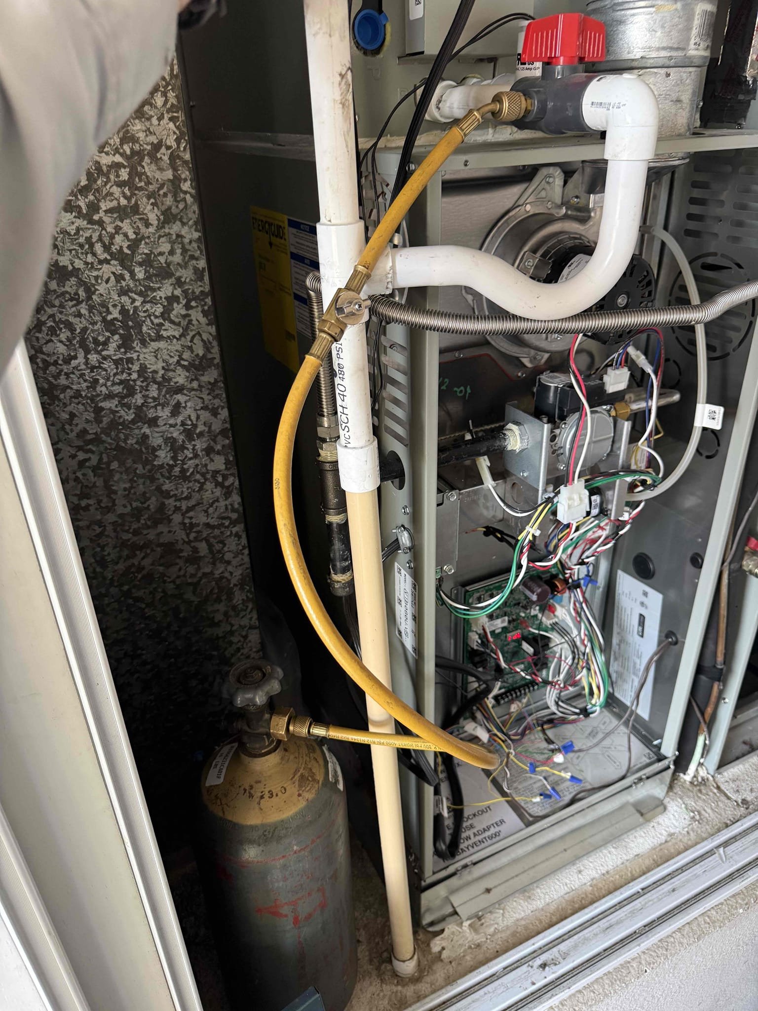 Performed indoor unit and heating maintenance on American Standard upflow 80% gas furnace and Ultra Low NOx furnaces in garage closet. New Ecobee thermostats working properly. Cleared condensation drains, used jones valve for full clearance. Cleaned our burner compartments. Heating sequence of operations was performed properly. Zero carbon monoxide detected. All heating and electrical components are working safely and properly. Took pictures of outdoor unit low voltage wiring per Mike. Have homeowner Starbucks gift card.