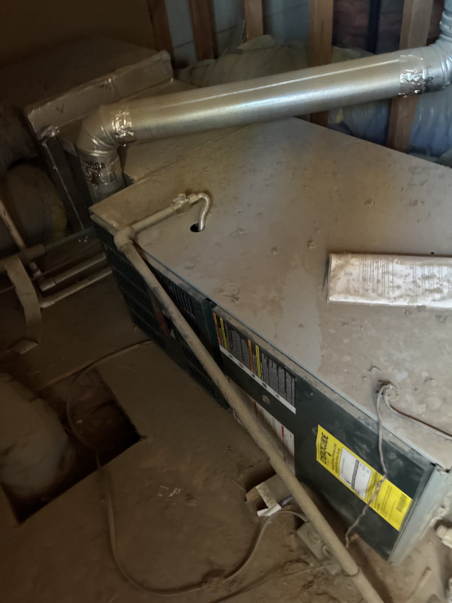 Comfort indoor service on 2001 trane split system. Fau located inside attic, access from roof. Condenser on roof. Replaced filter and flushed lines. Checked all heater and safety components. Found duct work in poor shape, see pictures. System is 25 years old using r22 refrigerant no longer being produced. Highly recommend looking into replacement of system and duct work. Winter time special of 20% off duct work. Left Starbucks gift card.