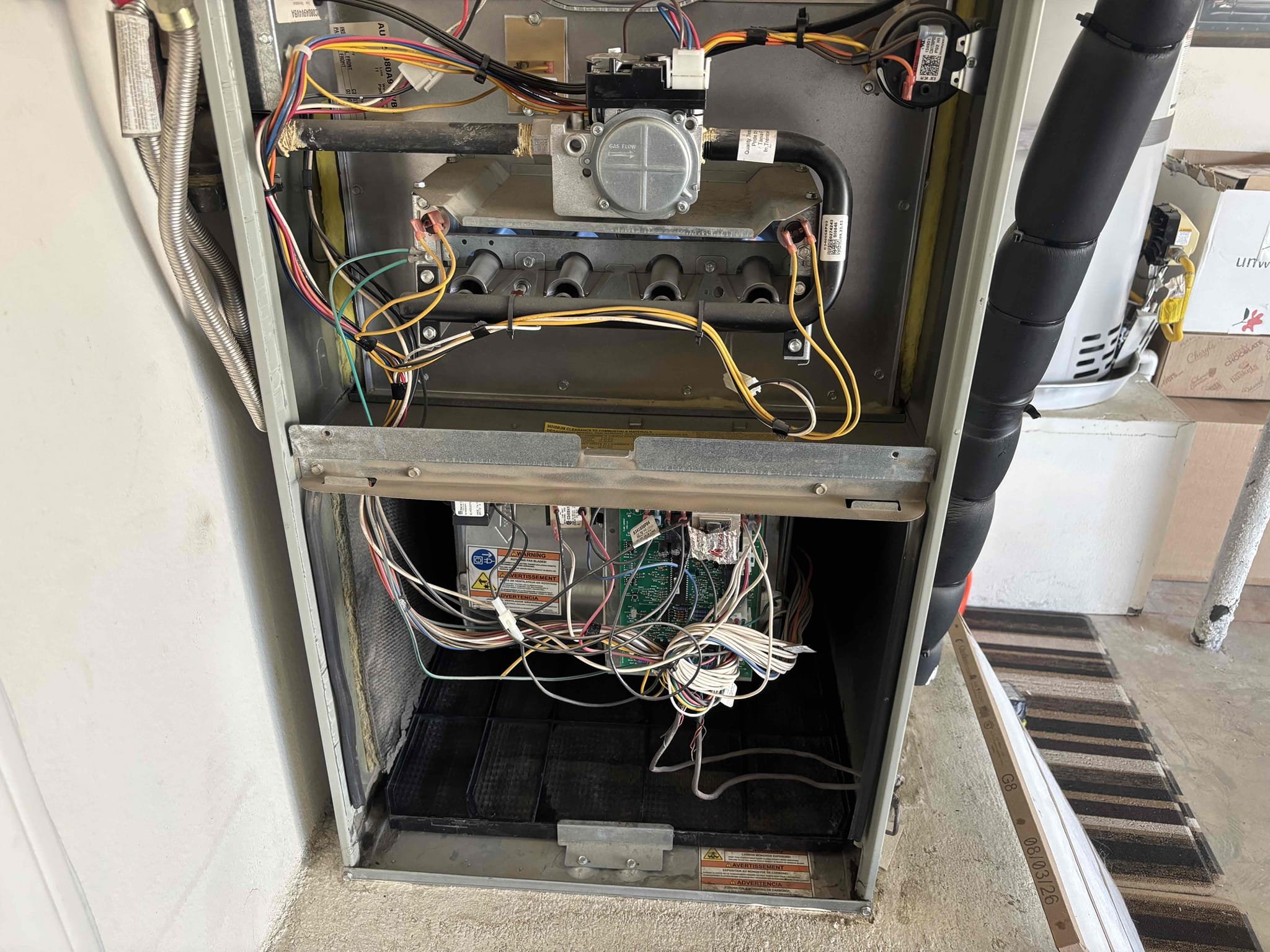 Performed a heating maintenance on two gas furnace. Check sequence of operations by checking out both electrical and temperature rise for both units one unit located in garage the other located in attic, cleaned out, condensation lines and change out filters. At this time, both systems are heating up the house properly informed Client about the great benefits of a water safety switch for unit in garage. Client agreed to have water safety switch installed after installing tested out component finish maintenance by making sure both system switched back into cool mode properly.
