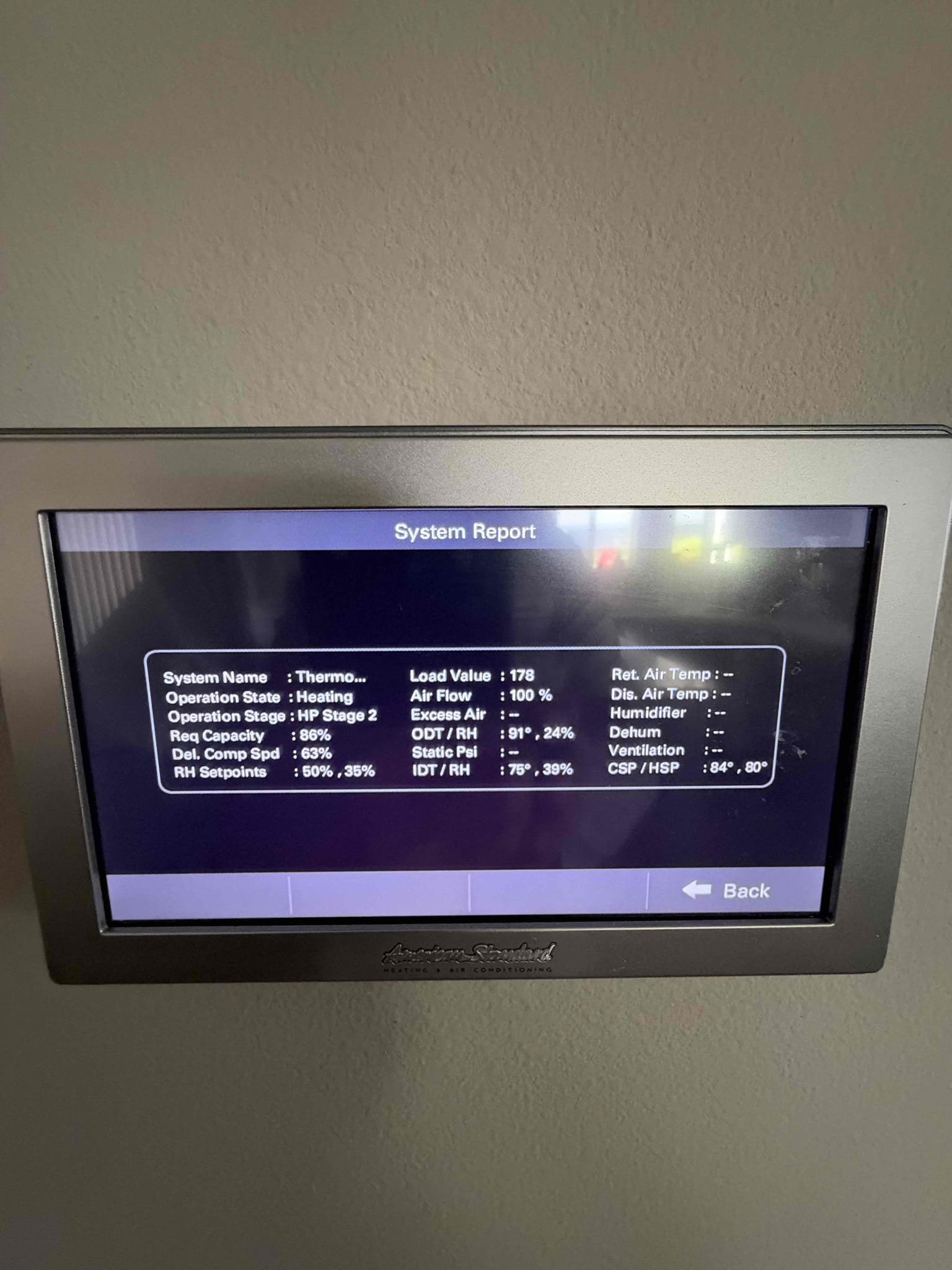 Maintenance on an American standard platinum series 4 ton upflow heat pump. FAU located in a closet by parking space 20 x 25 filter located at FAU. Condensation line cleared filter changed. 1050 thermostat working properly and showing no active alerts. Verified all electrical and safety. Checked system sequence of operation. Checked FAU amps, checked electrical and relay panel, checked compressor amps, checked fan motor amps, checked fuses and disconnect box, checked inrush, checked Freon and pressure. Outdoor unit monitor shows no active alerts. System is working per manufacture spec. Client renewed bi-annual maintenance via check.