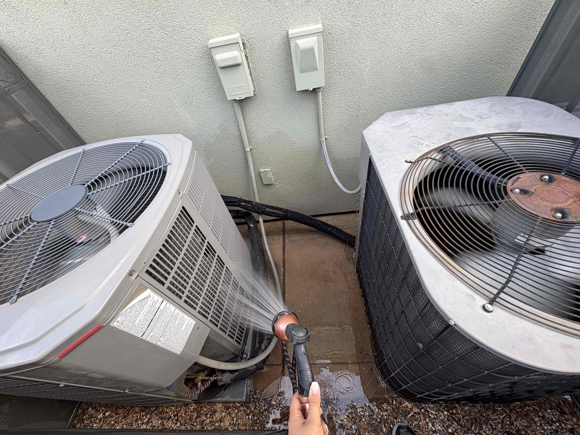 Today’s safety maintenance consisted of two units located on the side of the home. I first began with replacing both filters to ensure proper airflow is able to circulate. Both thermostats are properly calling for cooling and heating at this time of service. I also cleared the condensation lines, but this is a duplex complex that drains through the sink of the home so I was not able to document the exit point. Blower amperage for both of these systems tested out in the correct range following with the condenser fan amps also testing out. I also thoroughly washed down both units to remove all debris accumulating around them. Overall, both of these systems are operating to the manufacture specs at this time of today’s service. Client also received their October gift card