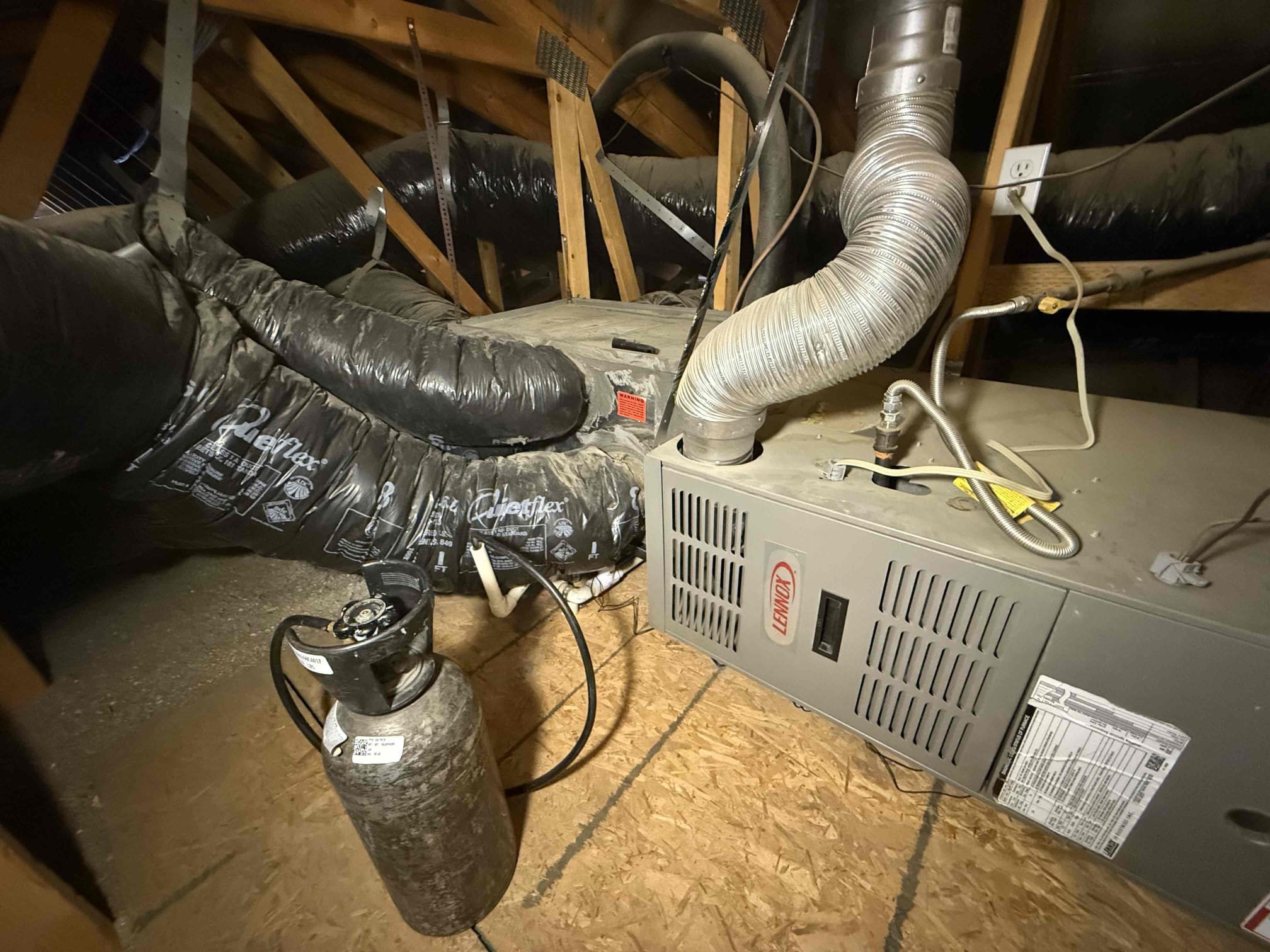 Performed indoor unit and heating maintenance on Lennox 80% gas furnace in main closet attic. Honeywell 3000 thermostat working properly. Cleared condensation drain thoroughly and made sure no insulation or anything in water pan. Cleaned our burner compartment. Blew off dust from attic platform and furnace and coil panels. Checked 5uF blower motor capacitor and motor amps, both to manufacture specifications. Heating sequence of operations was performed properly. Zero carbon monoxide detected. Checked all heating, electrical components, and safety components. System checked out and is heating safely and to specifications. Gave homeowner Starbucks gift card. Prebooked 2027 summer cooling maintenance for 4/8/27 10AM-12PM. 